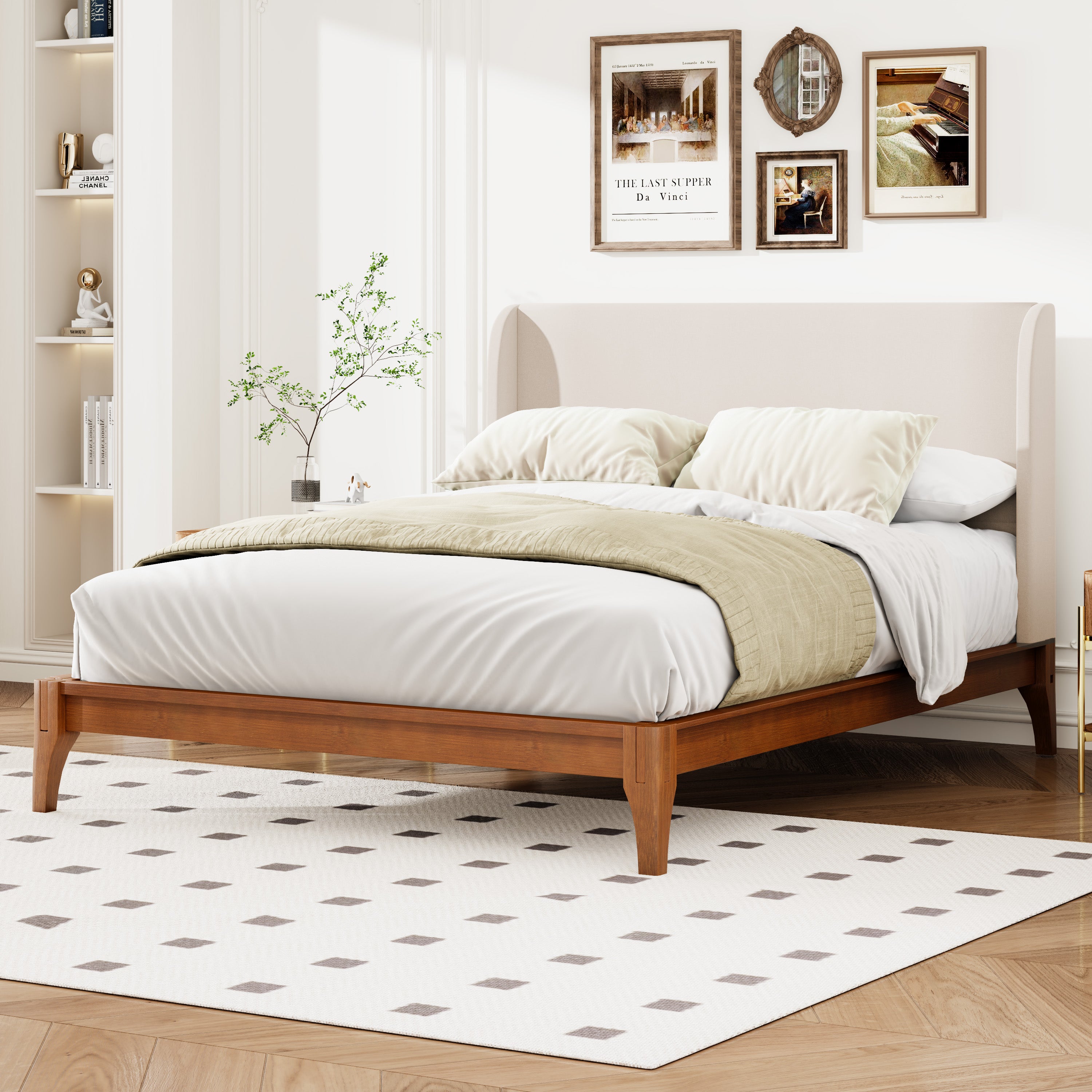 Solid Dry Bamboo Wood Platform Bed with 48" Upholstered High Headboard