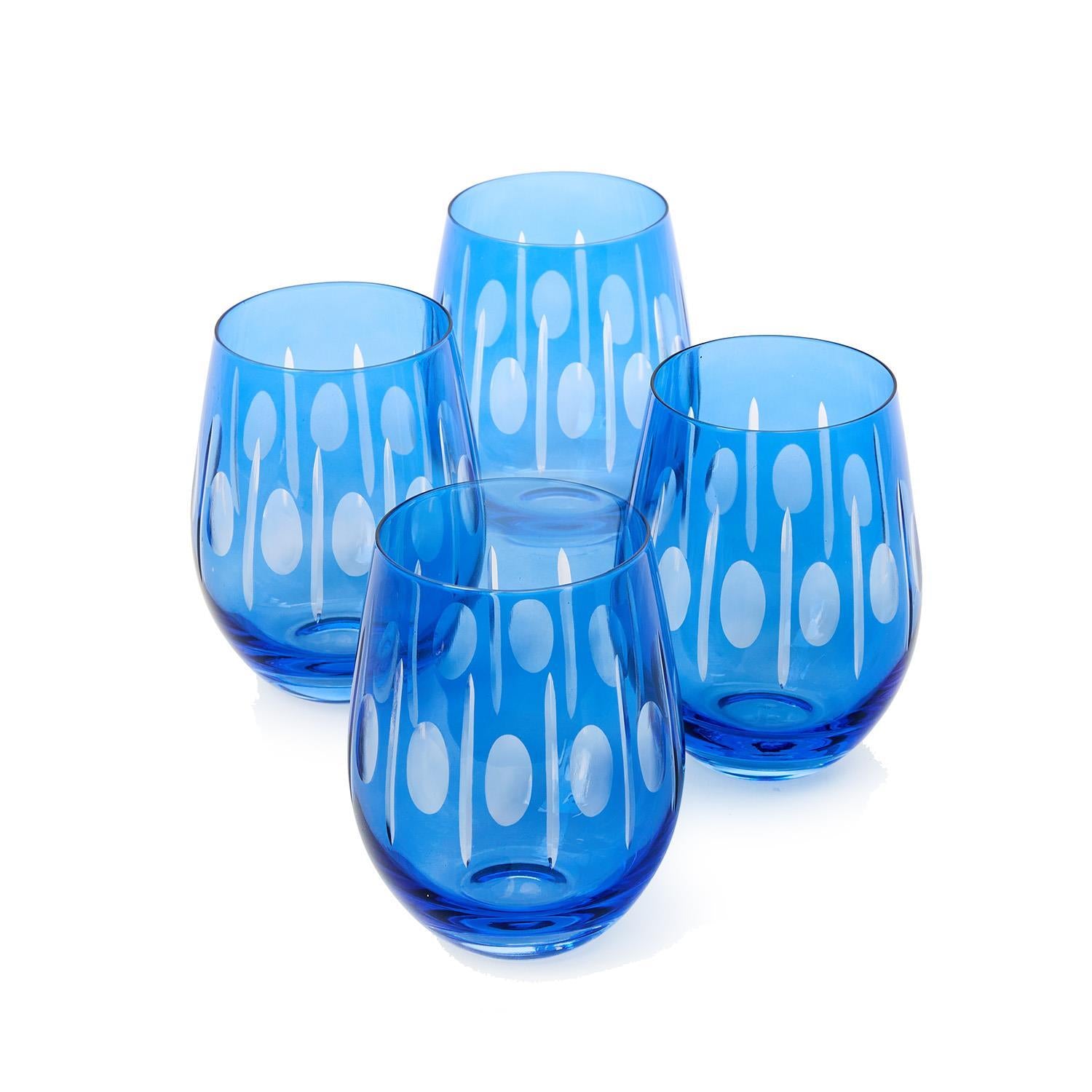 Sparkling Cut Blue Hand Engraved Stemless Wine Glasses, Set of 4