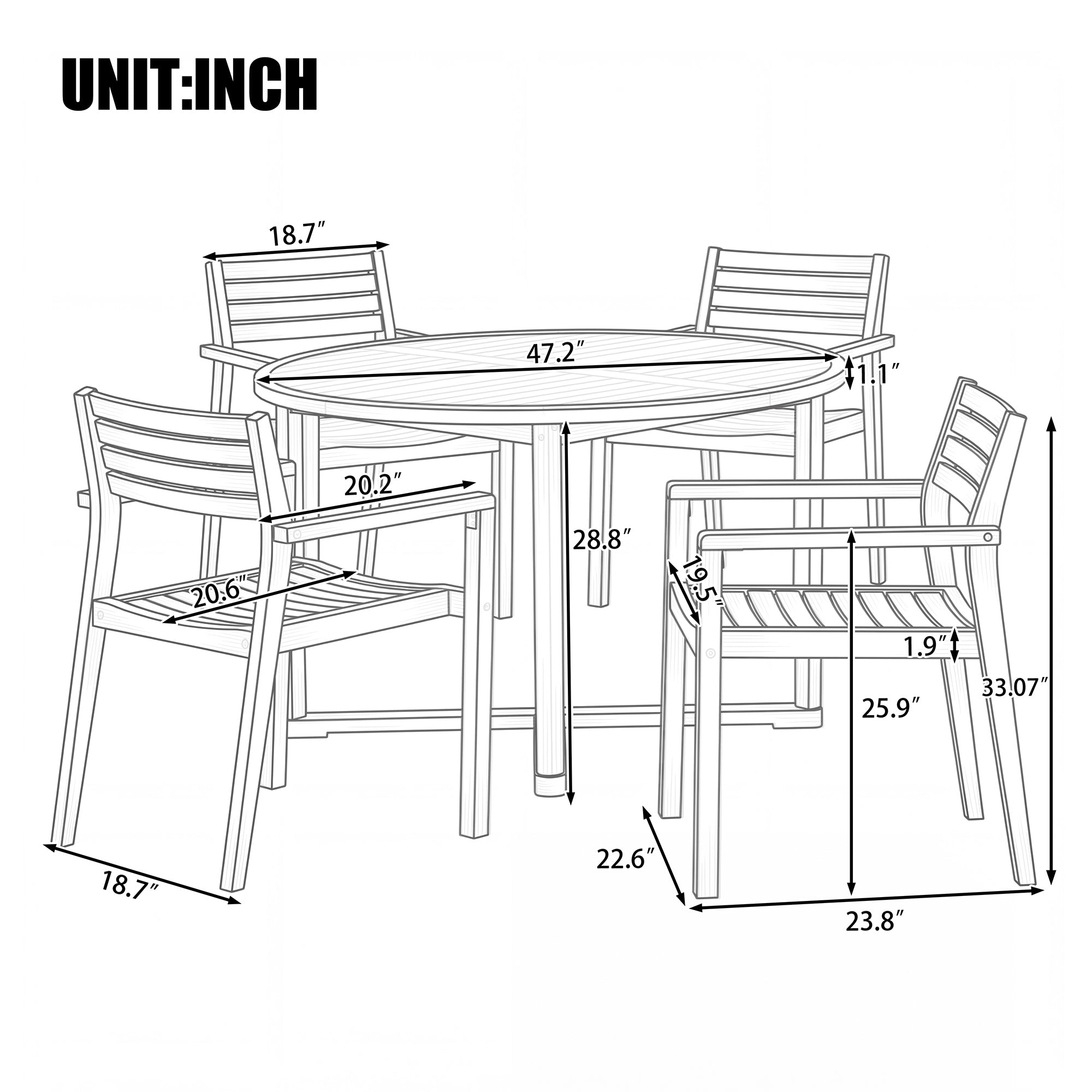 U_STYLE 5-Piece Outdoor Dining Set with 4 Acacia Wood Chairs,47.2" Round Dining Table with Slatted Design, Ideal for Patios, Gardens, Poolsides, and Lawn Areas & Indoor