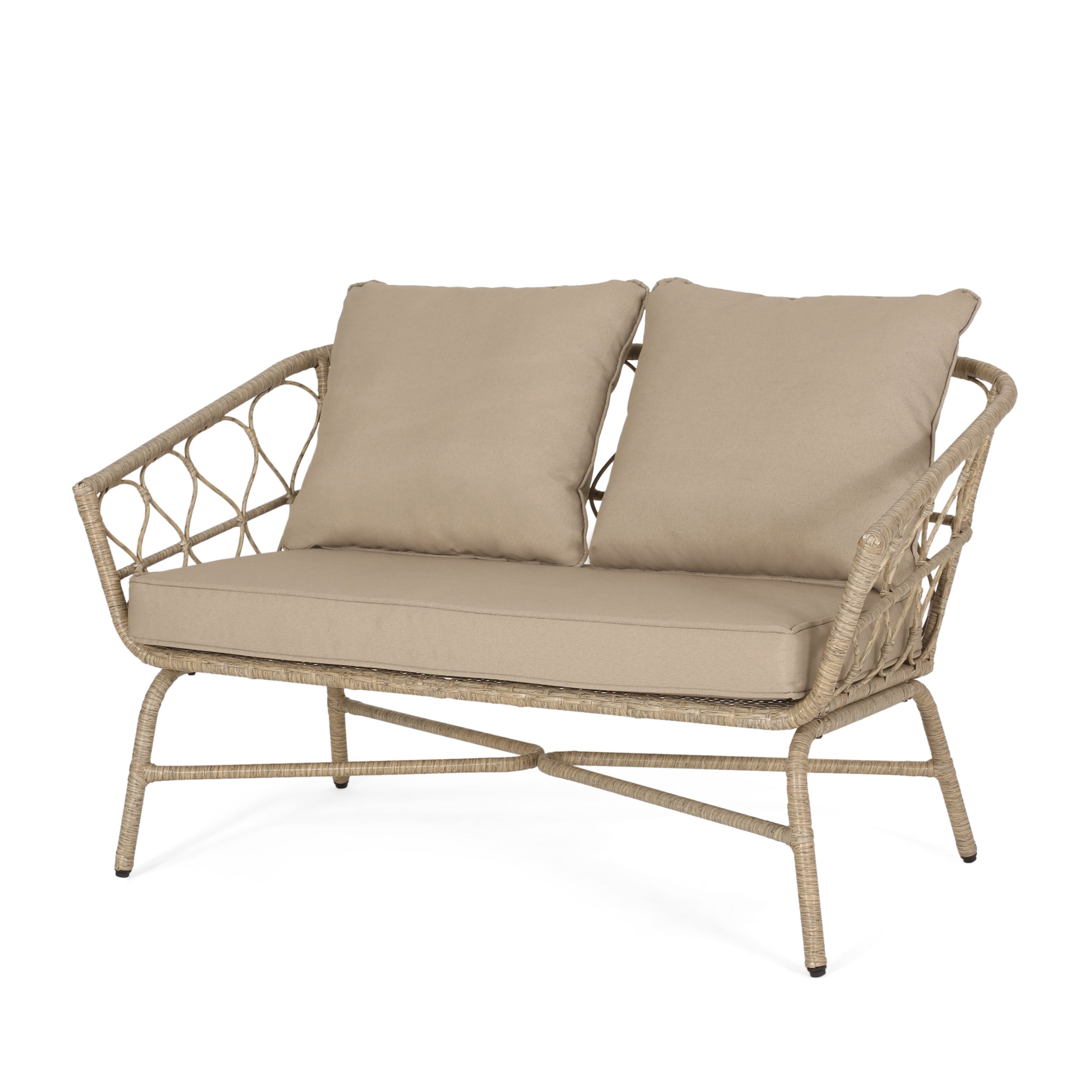 4-Piece Outdoor Rattan Chat Set with Coffee Table, Loveseat and 2 Sloped Arm Chairs
