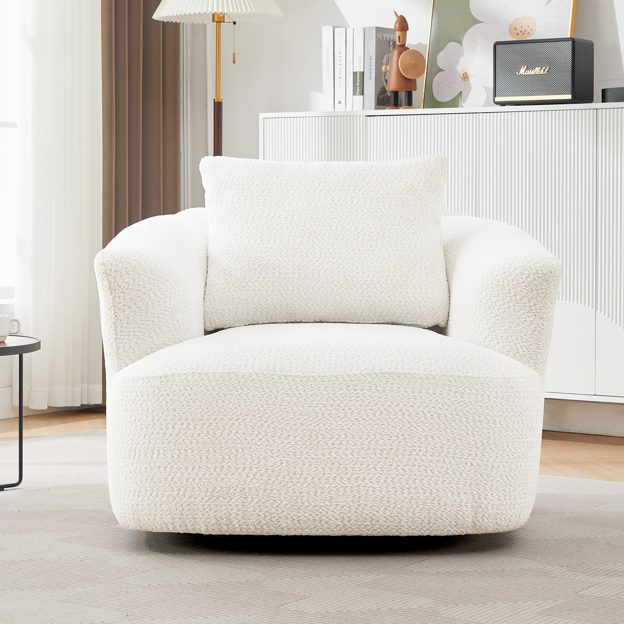 360° Swivel Barrel Chenille Upholstered Accent Chair with Throw Pillow