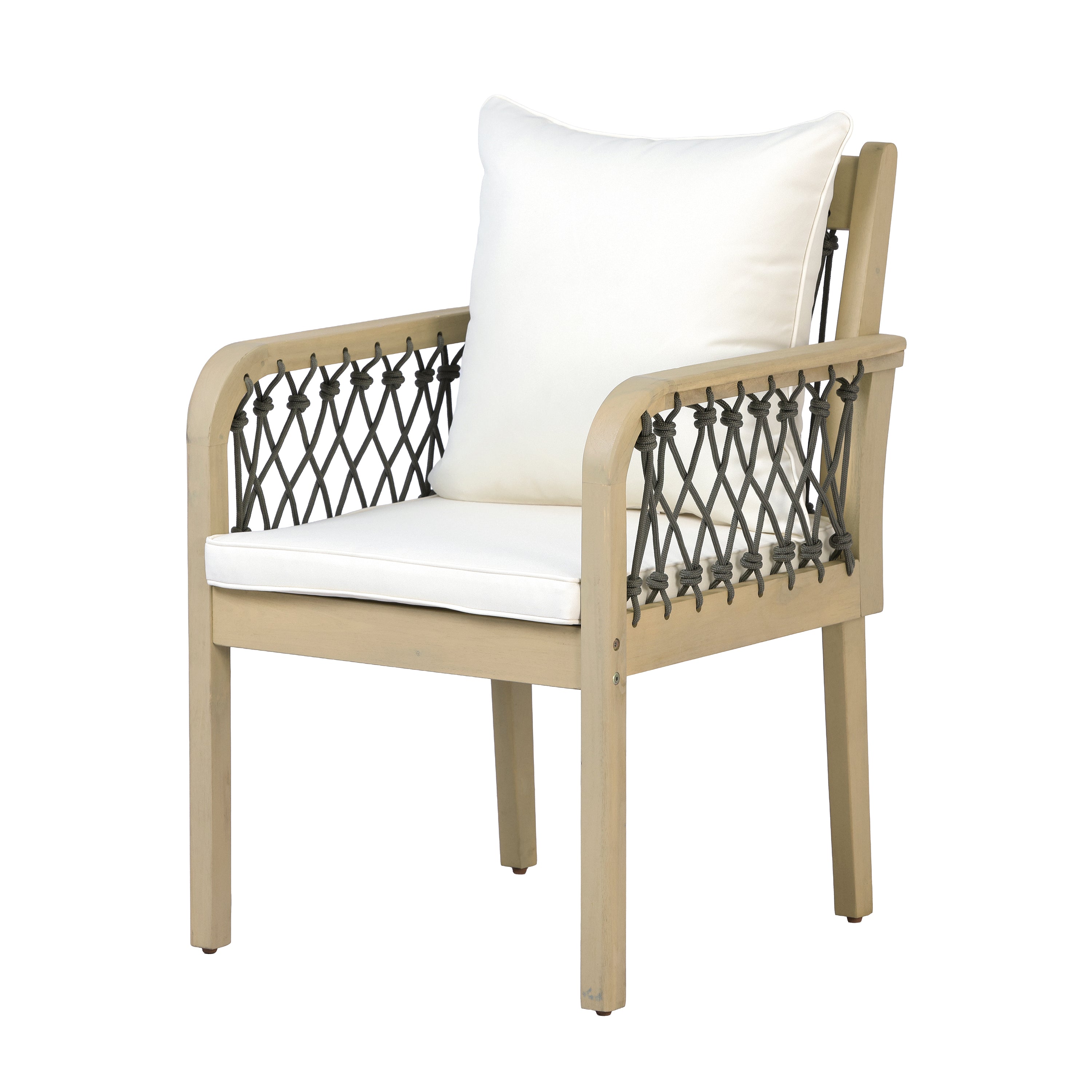 7-Piece Outdoor Acacia Wood Dining Set with Rope-Woven Armchairs, Weather-Resistant Patio Table & Chairs with Cushions,Light teak+Dark grey rope+Cream Beige cushion