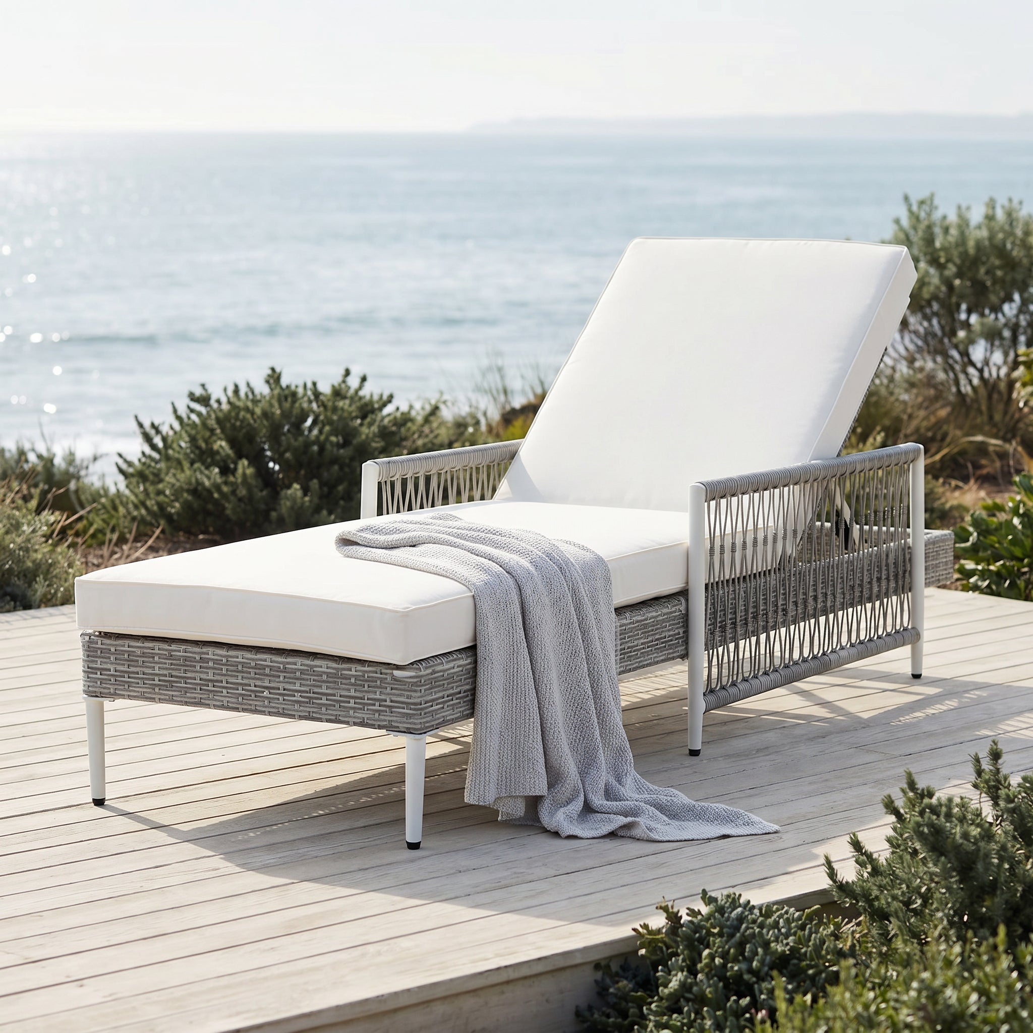 TOPMAX Outdoor All-Weather PE Rattan Chaise Lounge, Minimalist Patio Wicker Lounge Chair with 6 Gear Adjustable Recliner, Arms and Cushion for Poolside, Deck, Grey