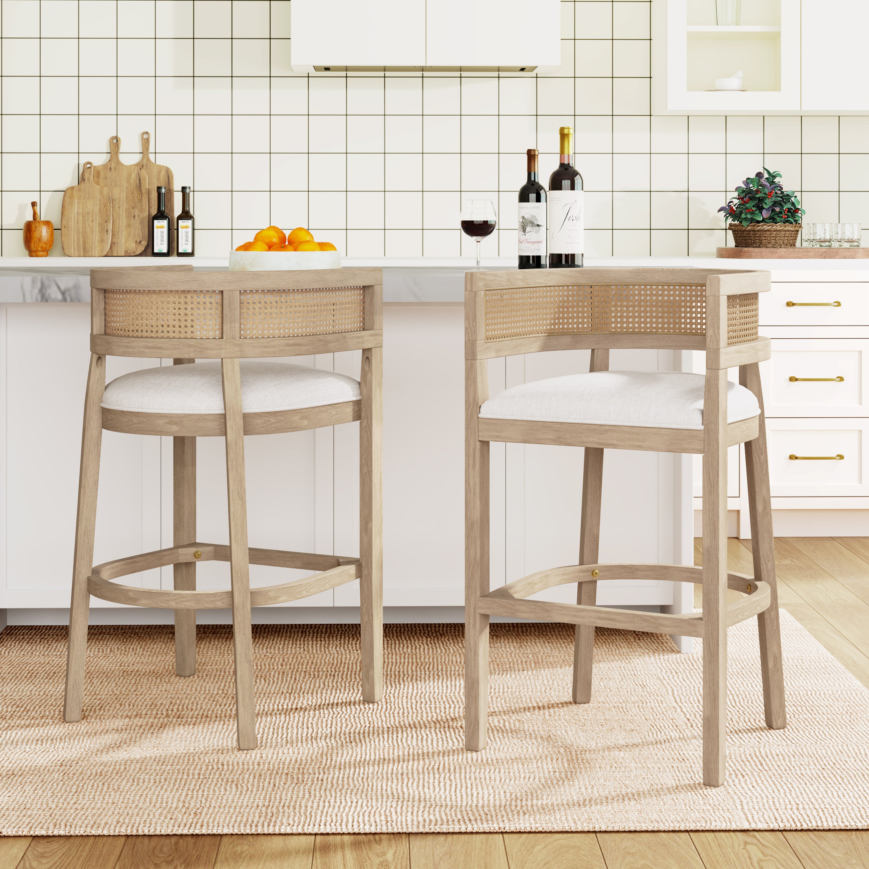Wood And Rattan Upholstered Arm Bar Stools, Set of 2