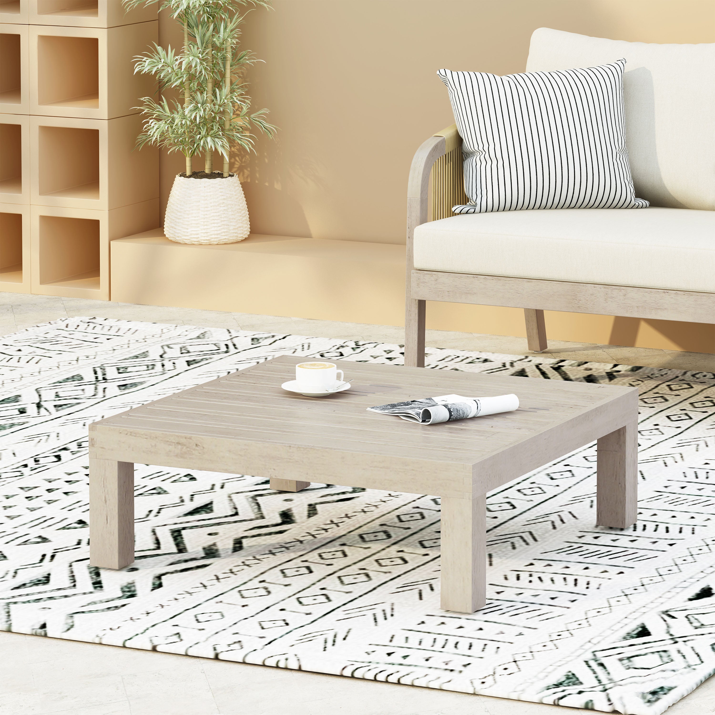 Outdoor Coffee Table with Slat Panel Design and Wooden Frame