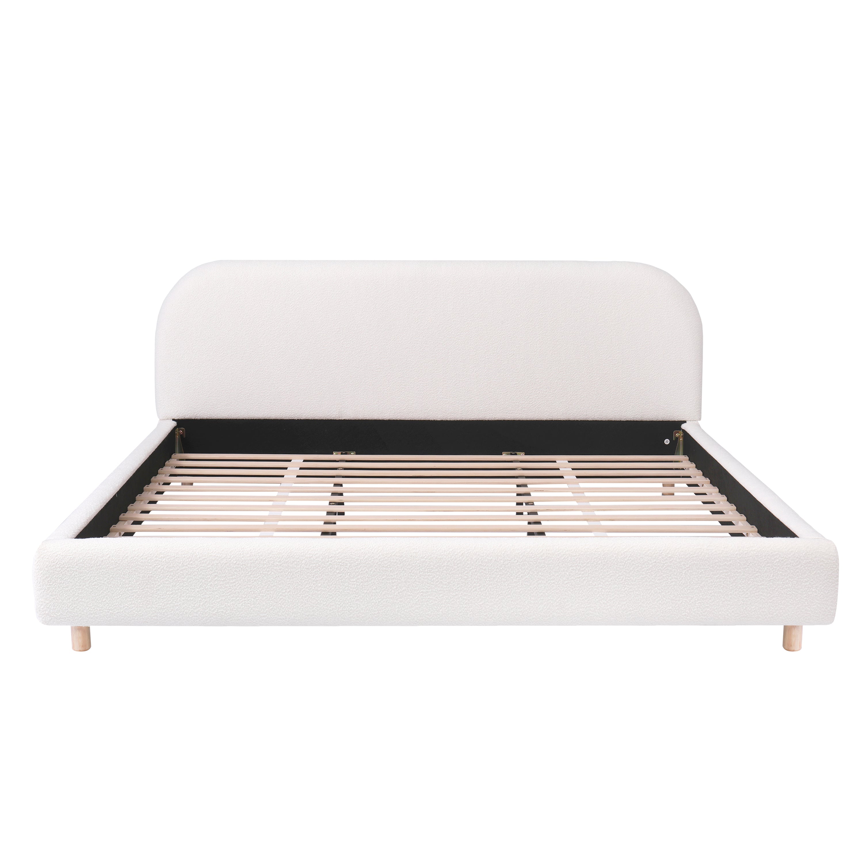 Boucle Fabric Upholstered Platform Bed with Curve-Shaped Design Headboard