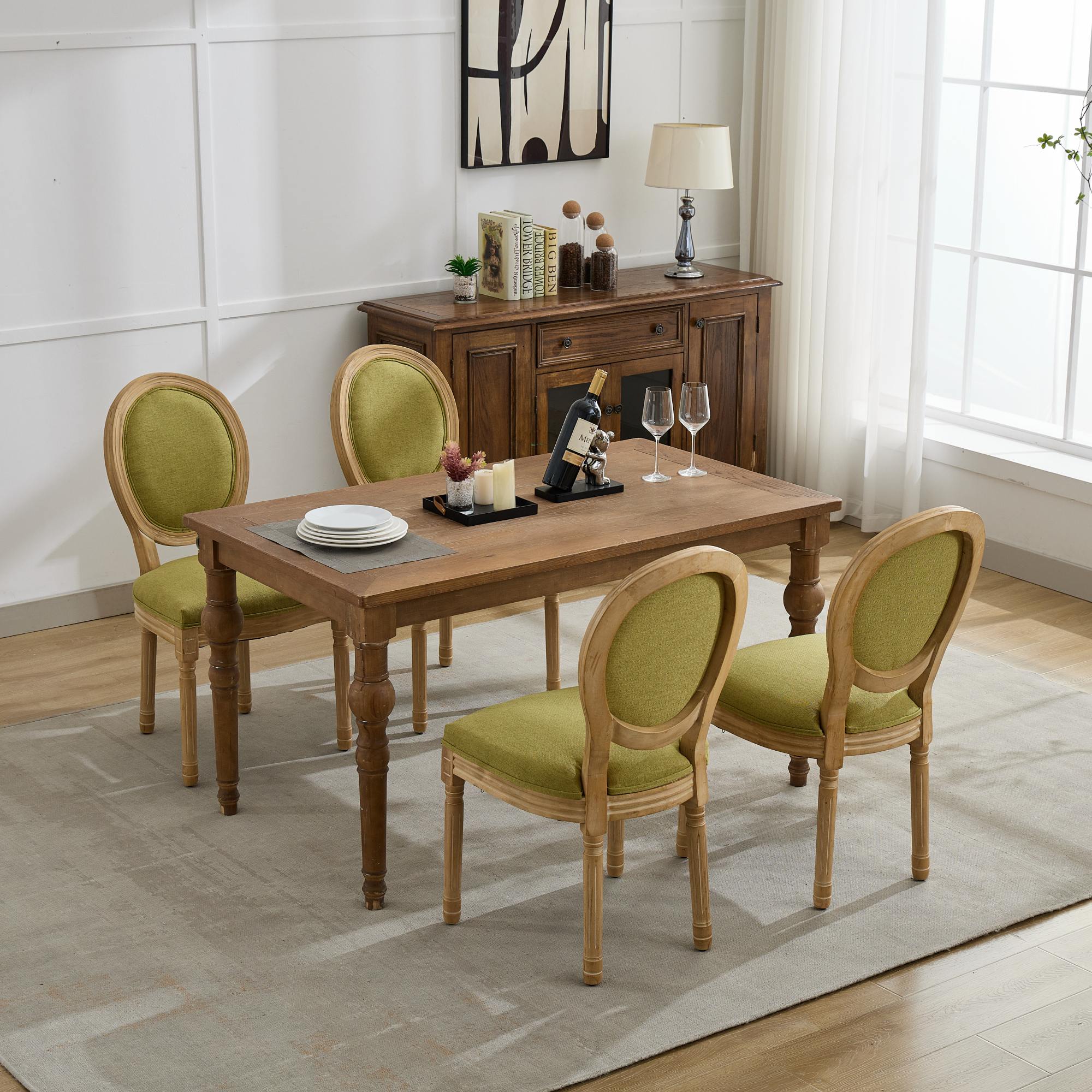 French Country Dining Chairs with Round Upholstered Backrest, Set of 2