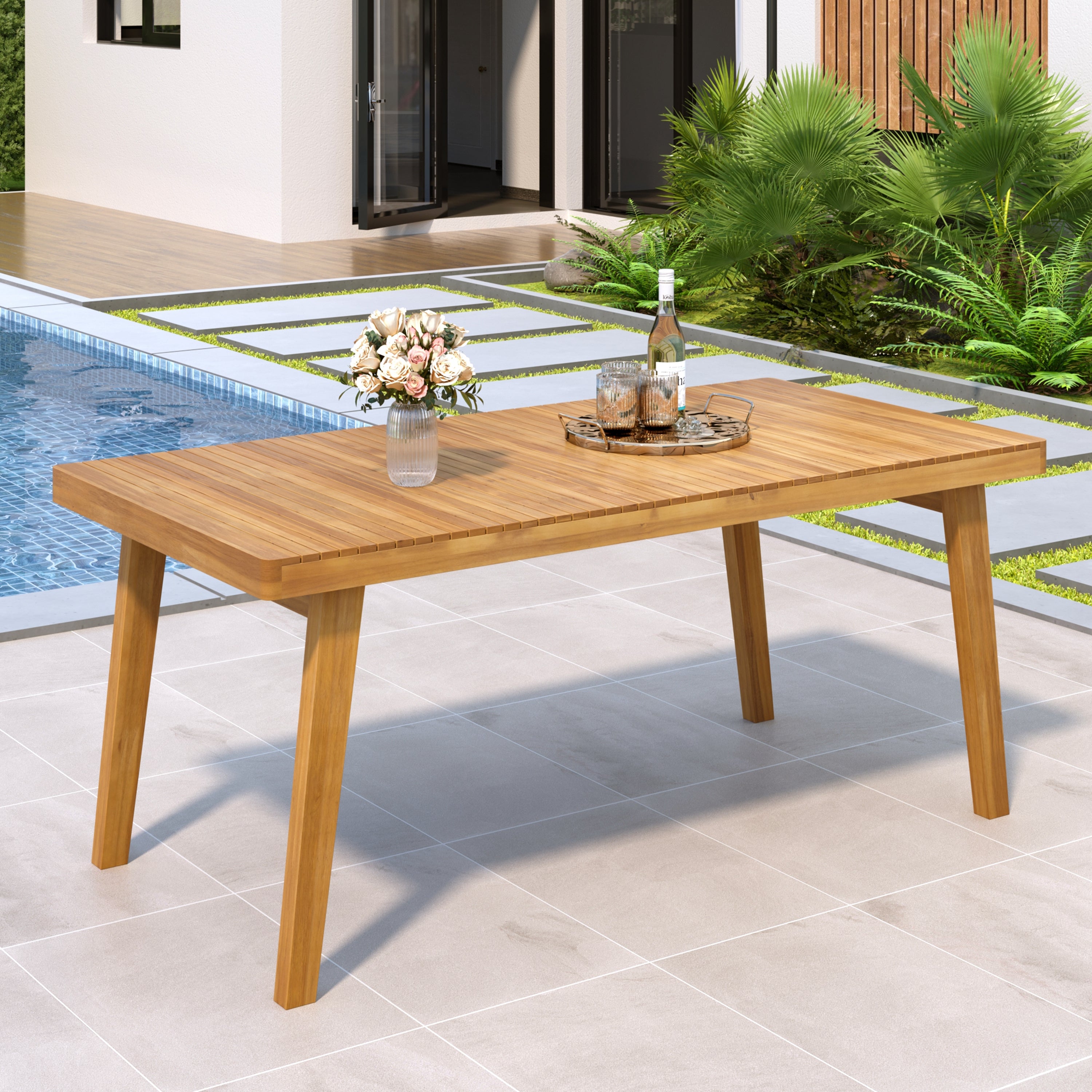 69' Acacia Wood Outdoor Dining Table with Slatted Top