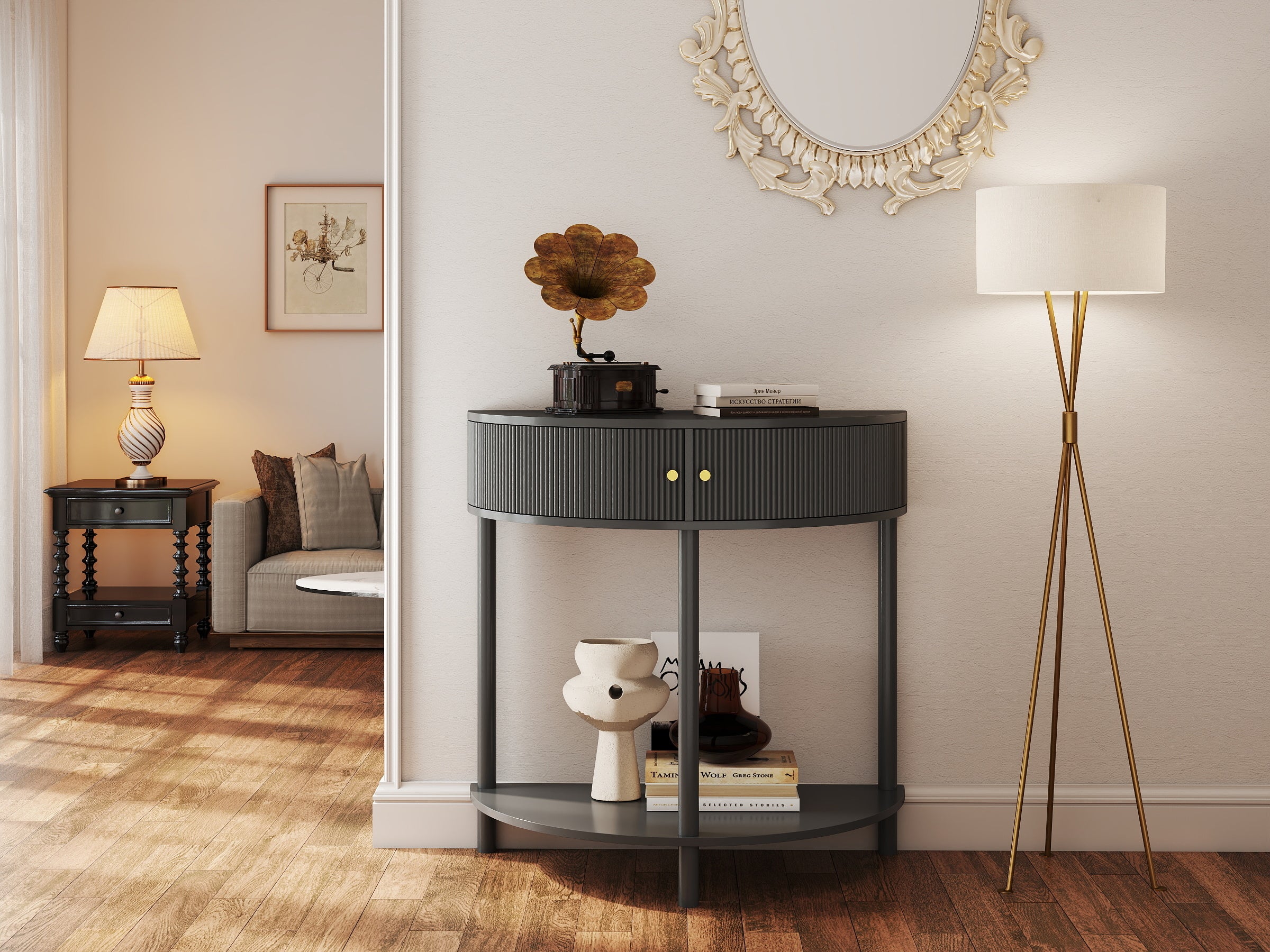 Artisan-Crafted Wave-Pattern Demi-Lune Console Table