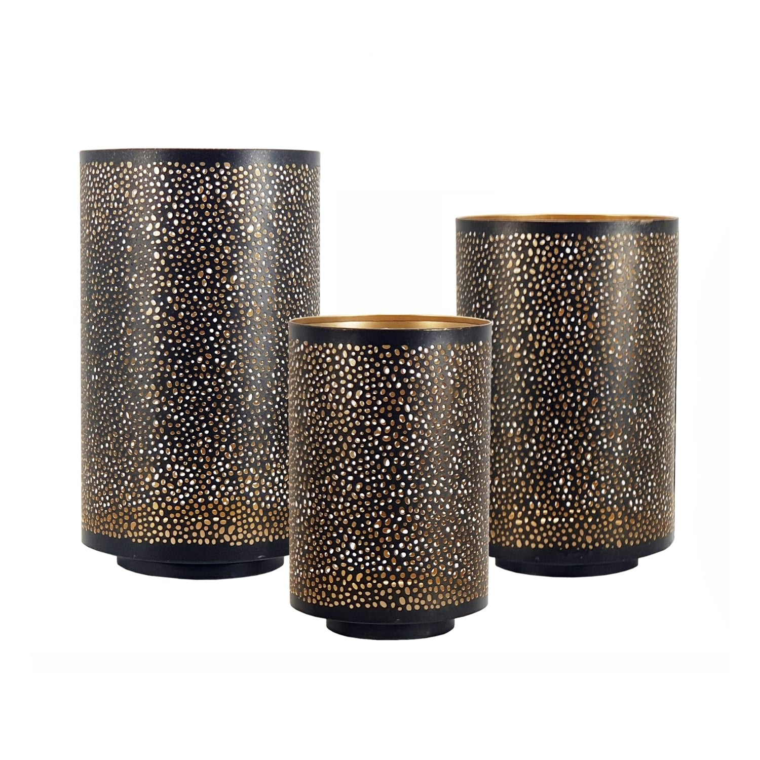 Pierced Metal Hurricanes in Black & Gold, Set of 3