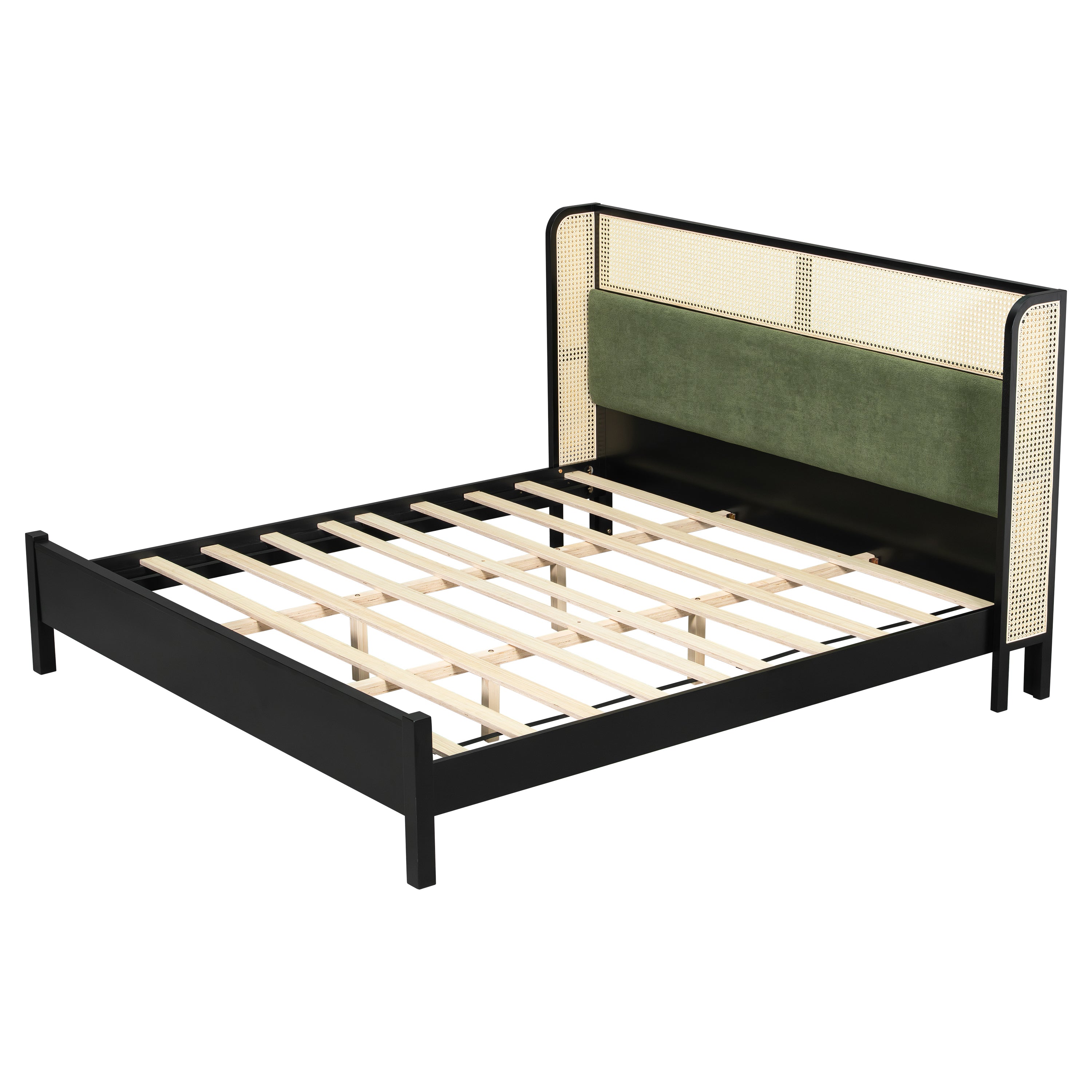 Queen Size Bed Frame with Green Headboard, Black with Green Solid Wood  Bed, No Box Spring Required, Modern Bedroom Furniture