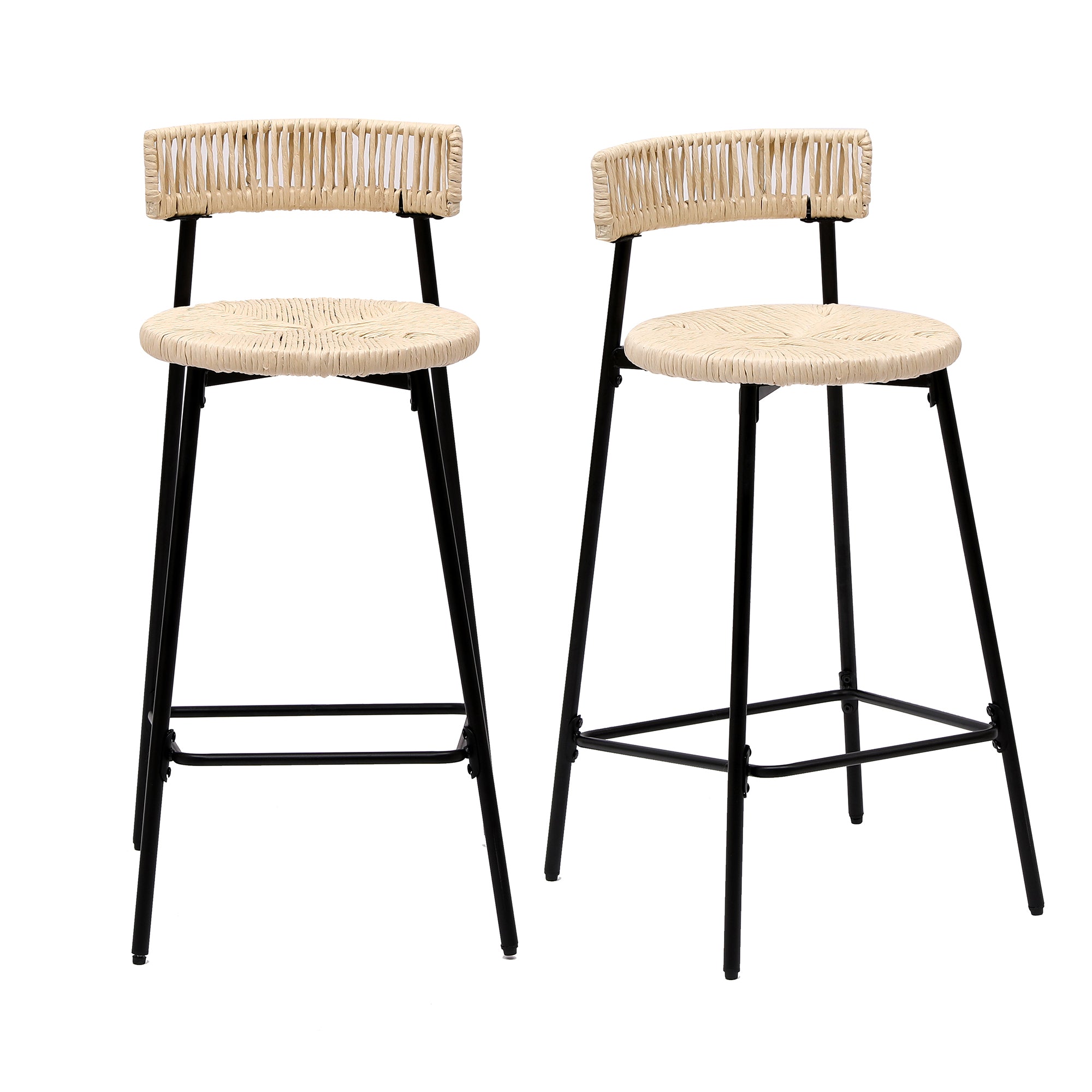 Boho Handwoven Paper Rope Counter Stools, Set of 2