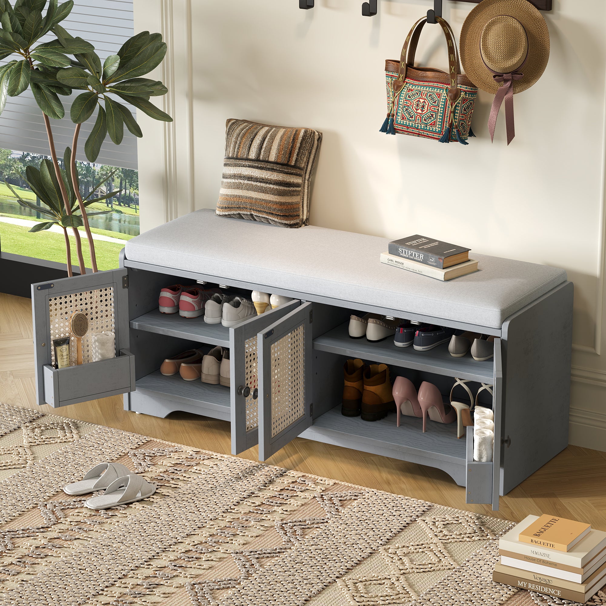 Storage Bench with Rattan Doors