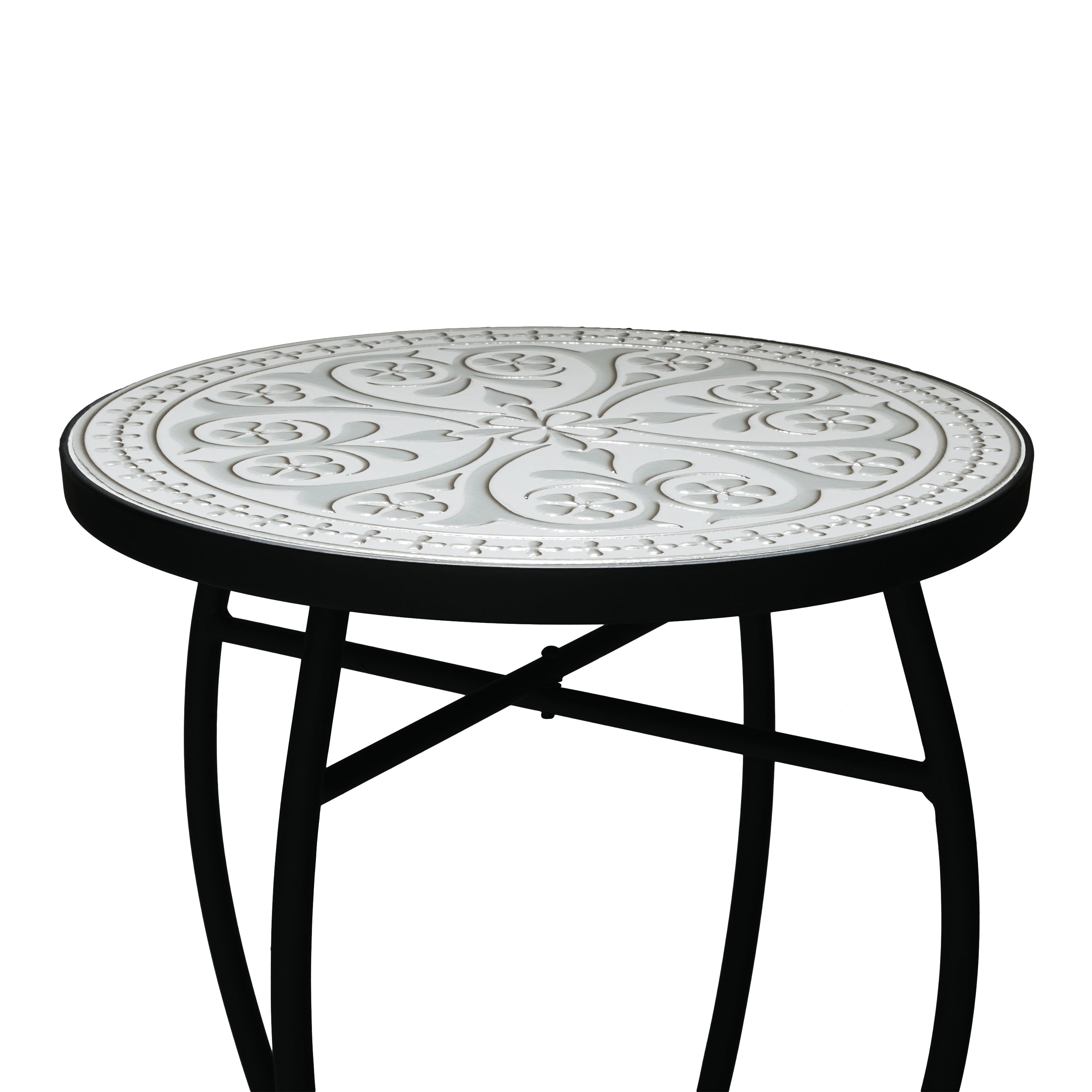 Outdoor Round Side Table with Mosaic-Style Top and Curved Iron Legs, Grey and Matte Black