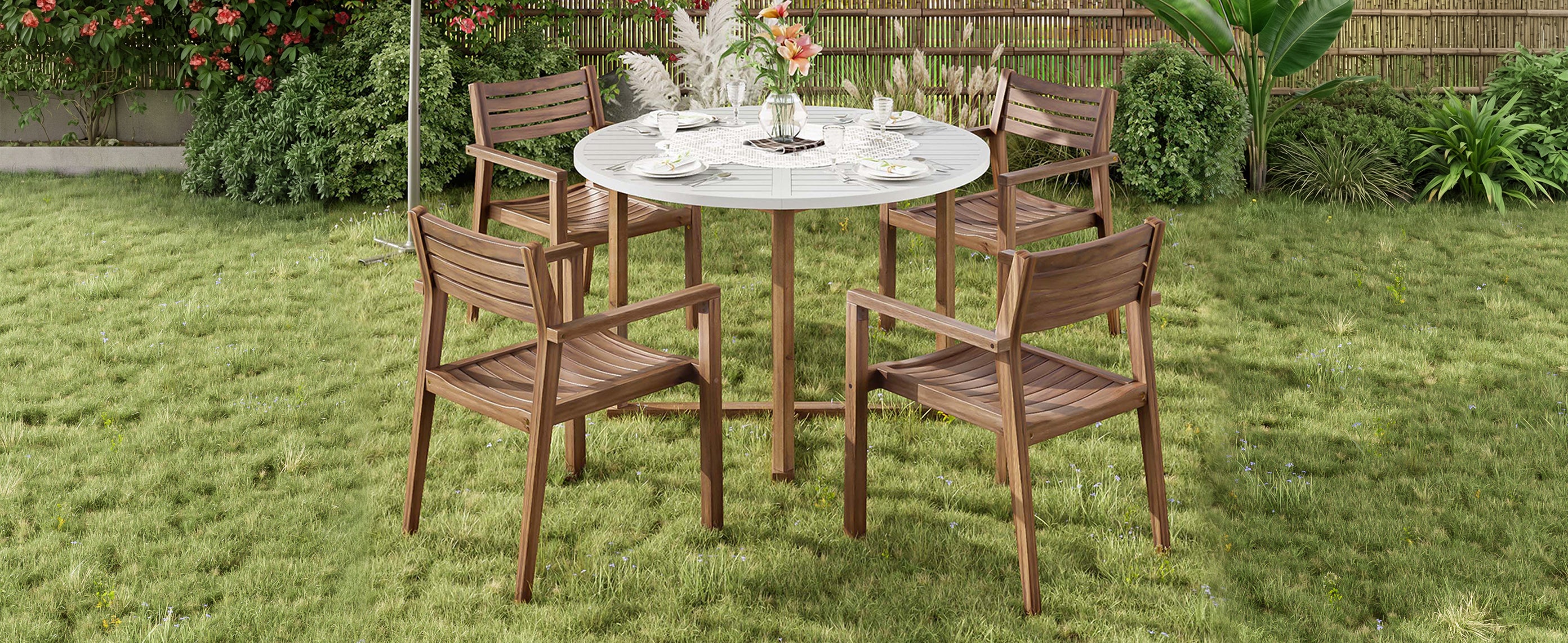 U_STYLE 5-Piece Outdoor Dining Set with 4 Acacia Wood Chairs,47.2" Round Dining Table with Slatted Design, Ideal for Patios, Gardens, Poolsides, and Lawn Areas & Indoor