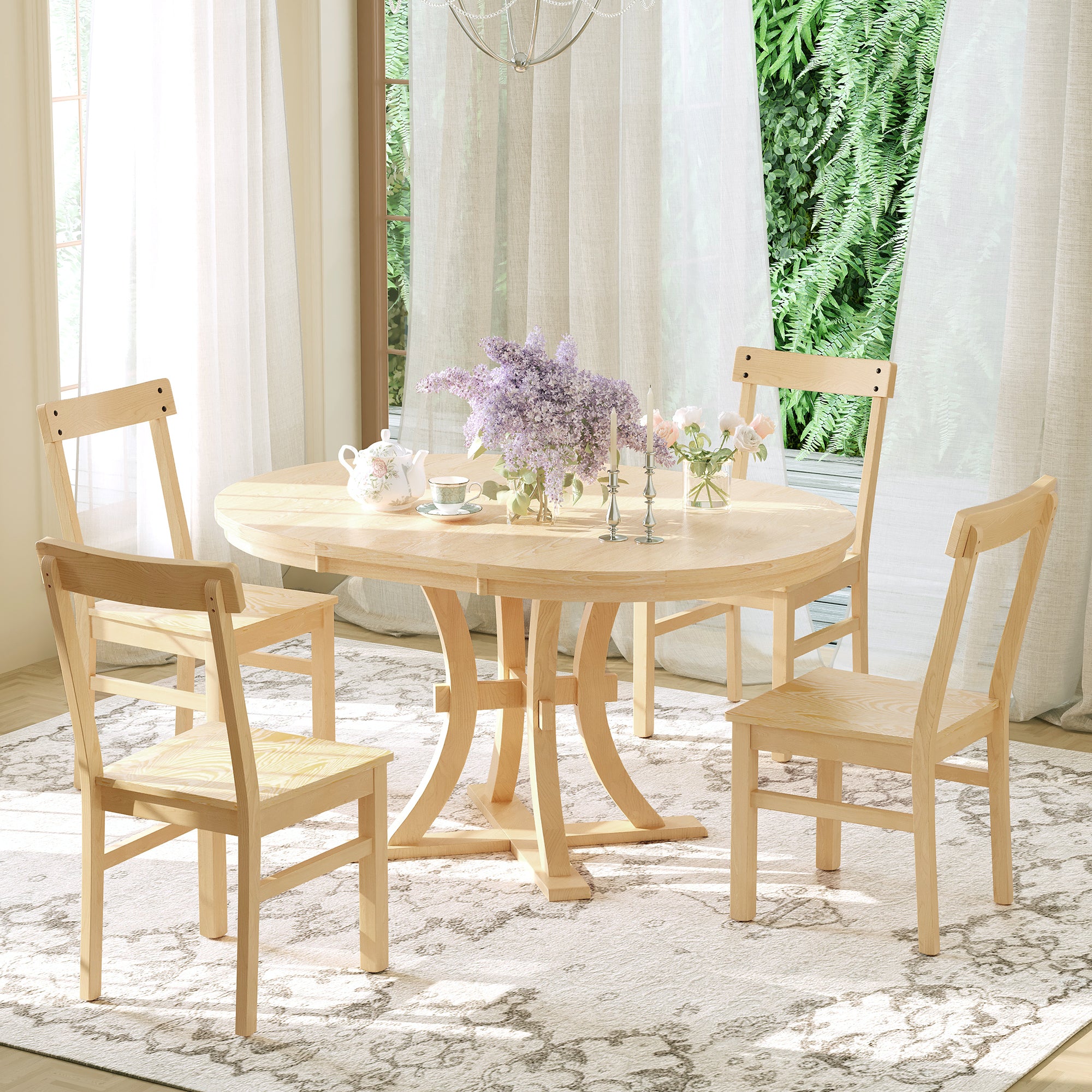 5-Piece Dining Set with Extendable Round Table and 4 Open Back Chairs