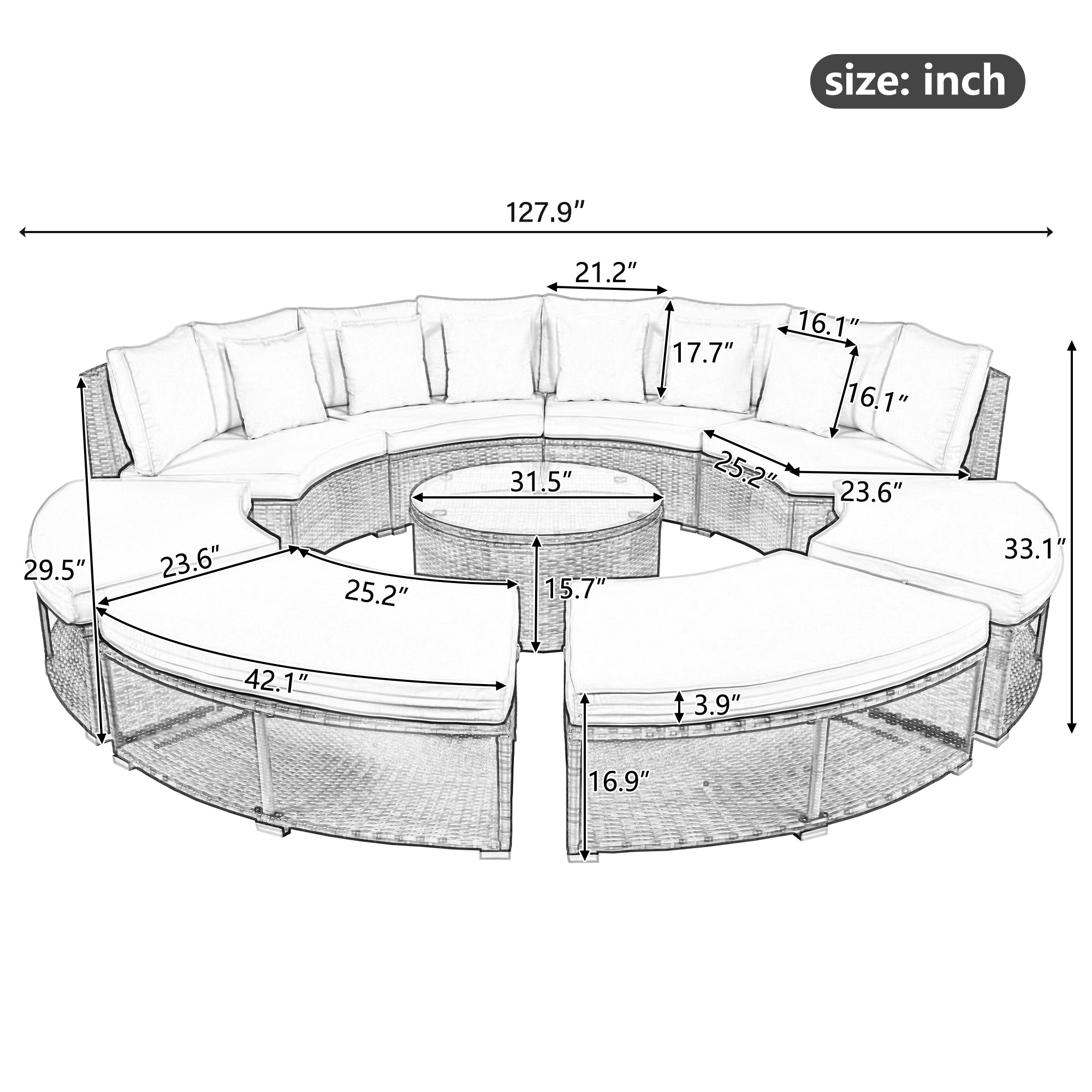 9-Piece Outdoor Circular Sofa Set with Tempered Glass Coffee Table and 6 Pillows