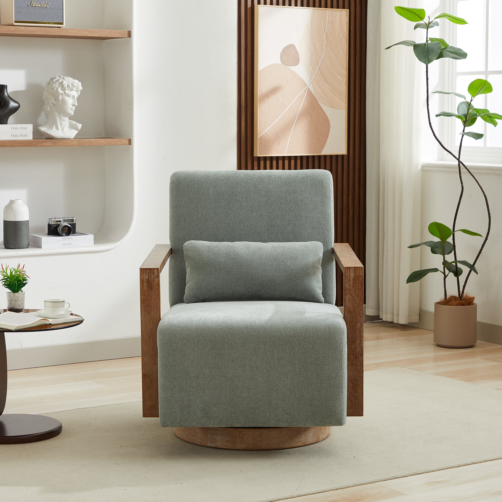 Swivel Modern Upholstered Accent Chair with Solid Wood Armrests