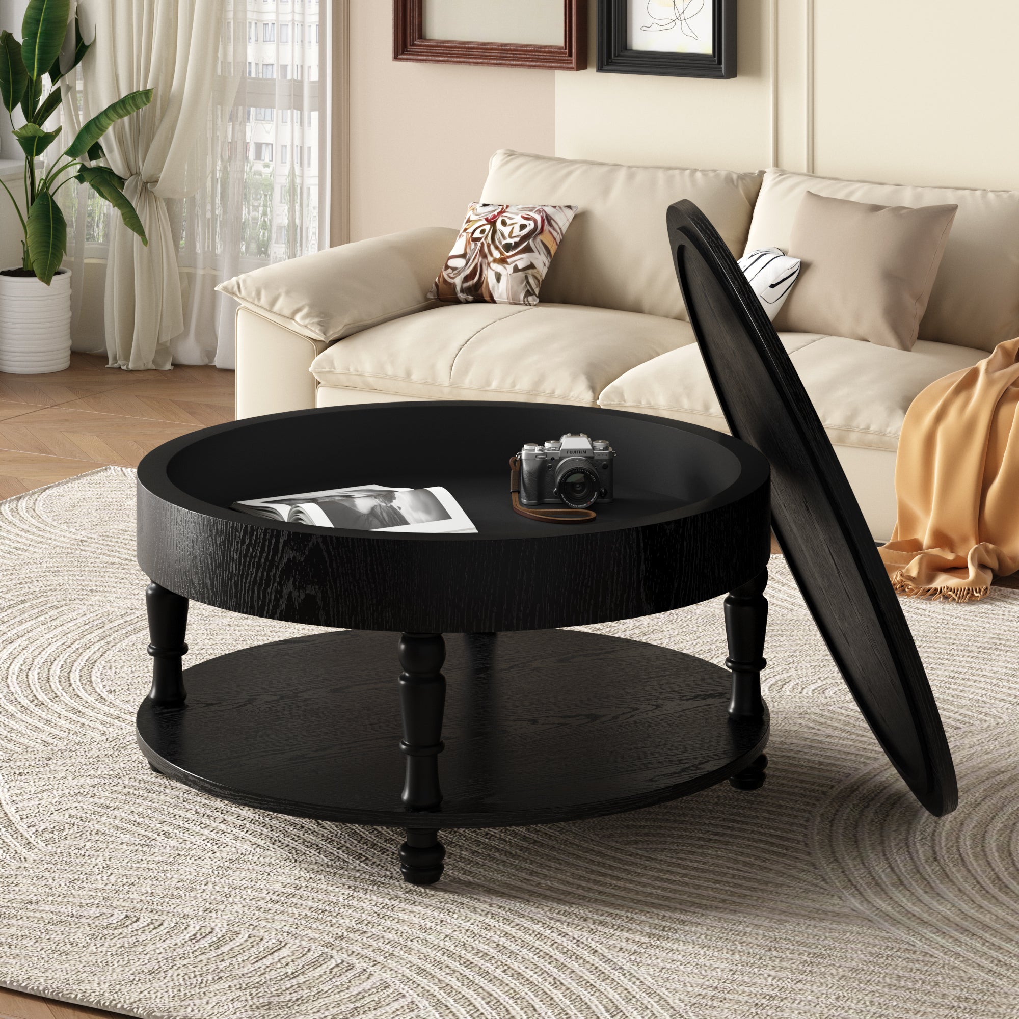 Traditional Round Coffee Table with Storage and Hidden Compartment