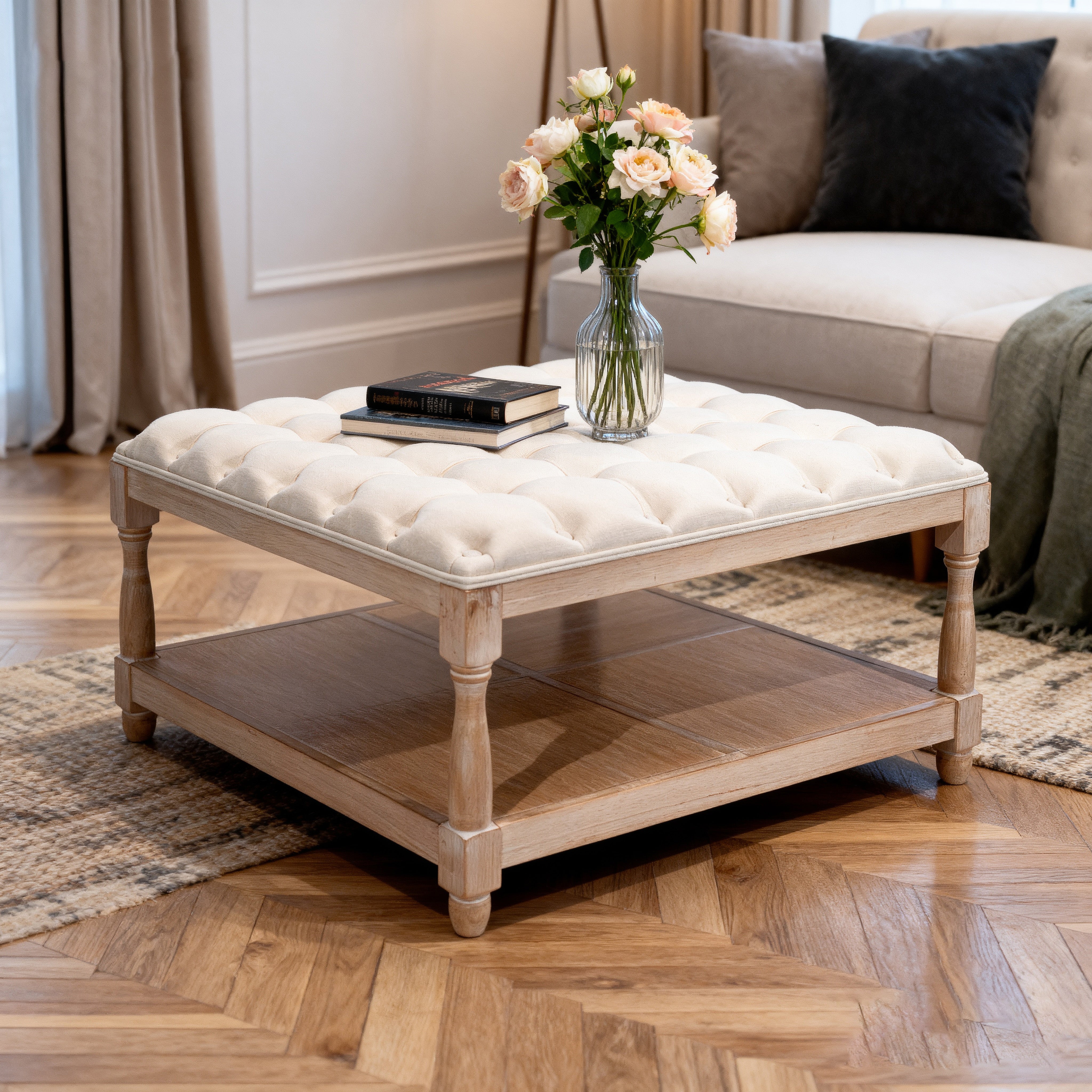 French Country Square Tufted Upholstered Ottoman Coffee Table