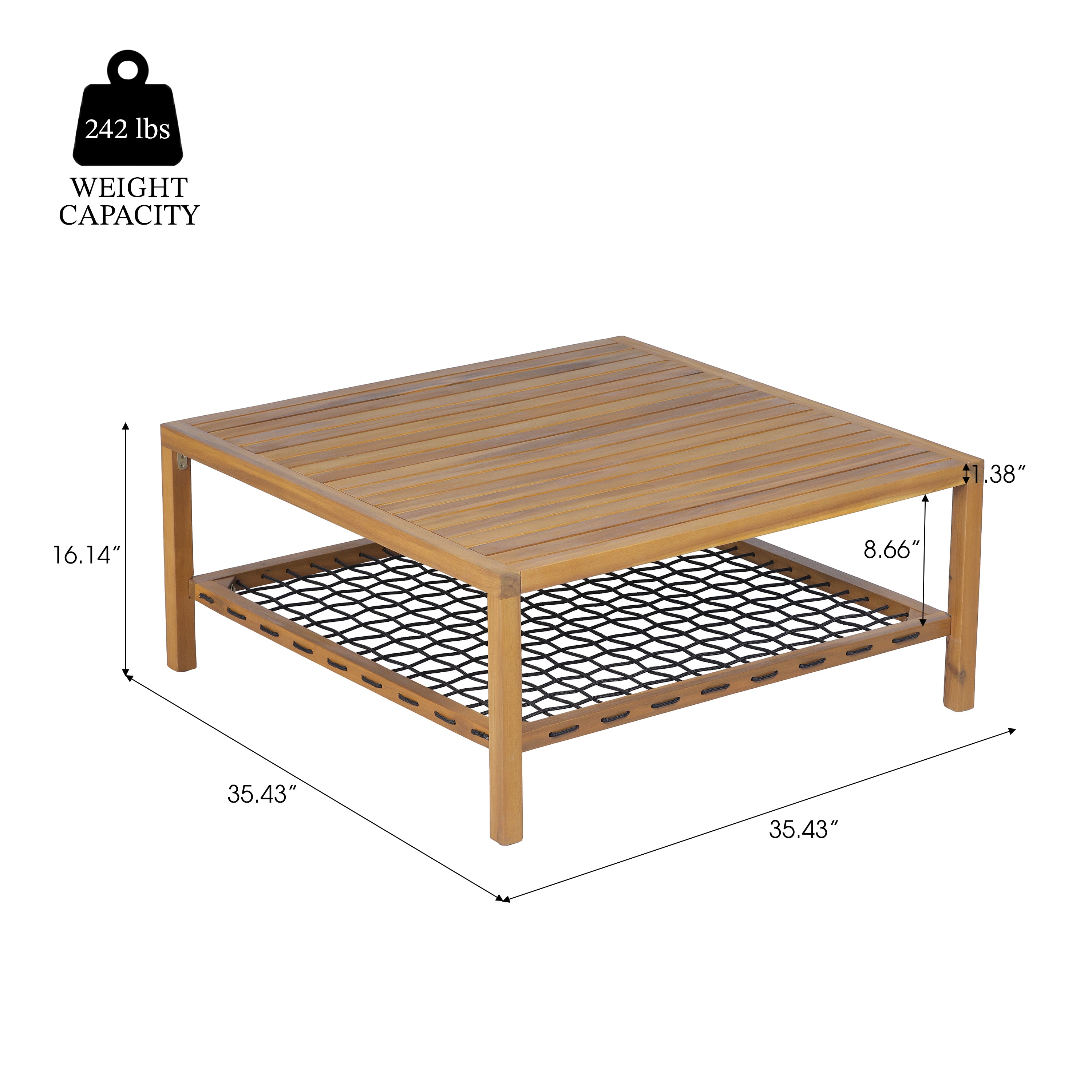 Sierra Outdoor Acacia Wood Coffee Table with Woven Rope Storage Shelf