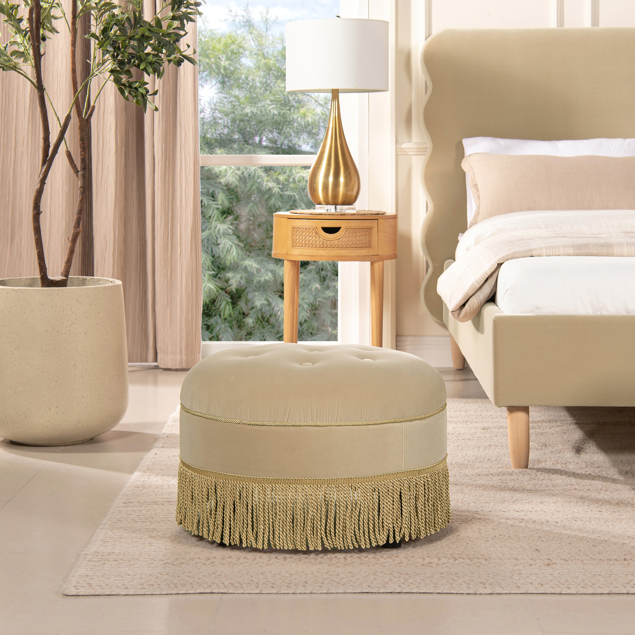 Yolanda 24" Round Upholstered Accent Ottoman, Olive Green Performance Velvet