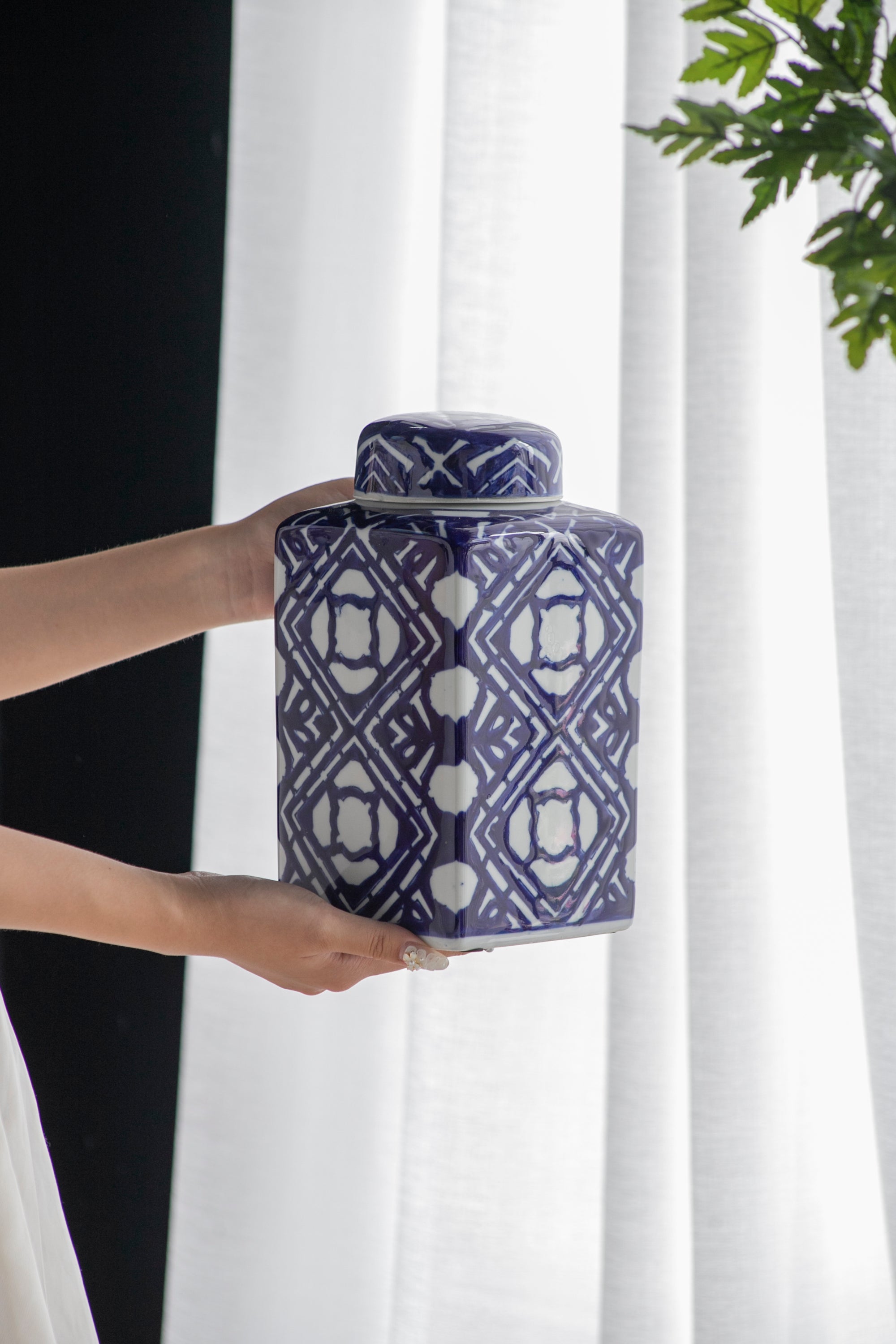 Valora Blue and White Square Lidded Ginger Jar