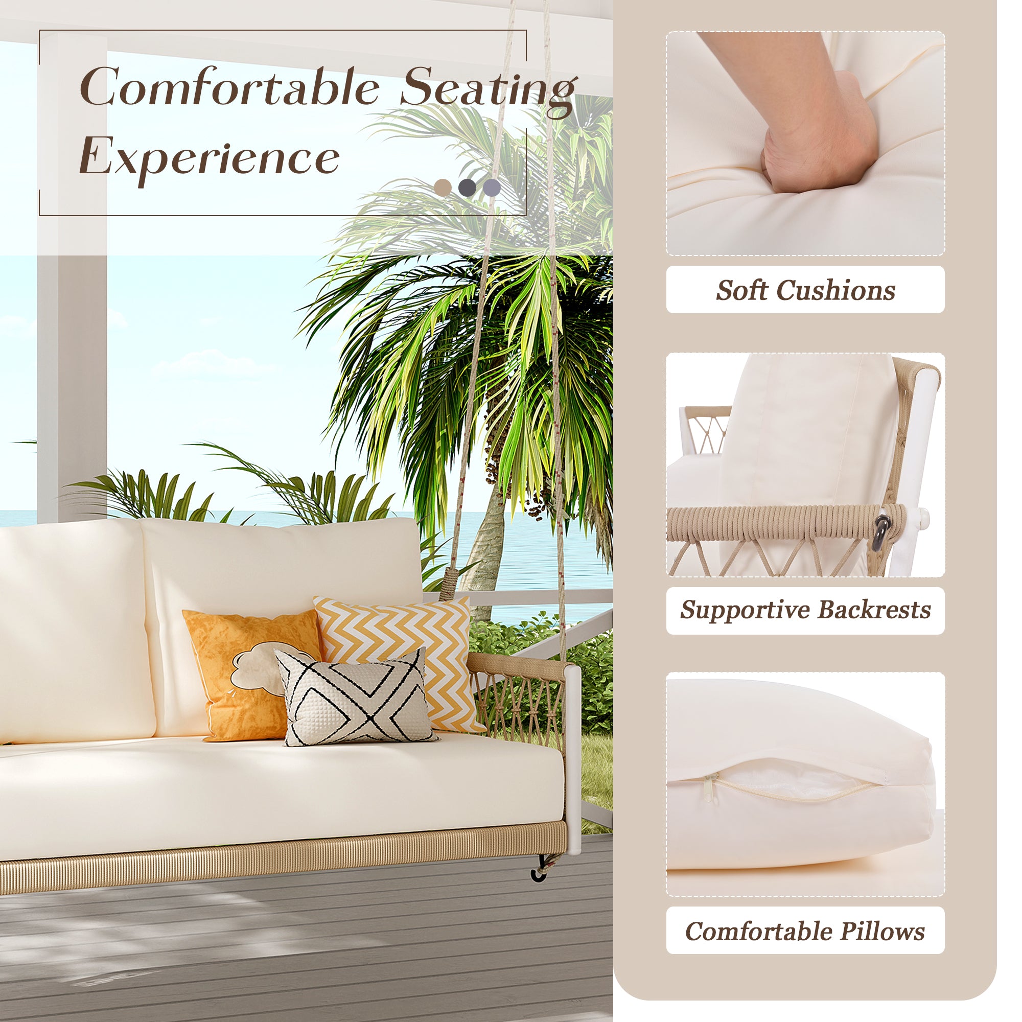 Outdoor Woven Rope Swing Sofa with Iron Frame and Soft Cushions