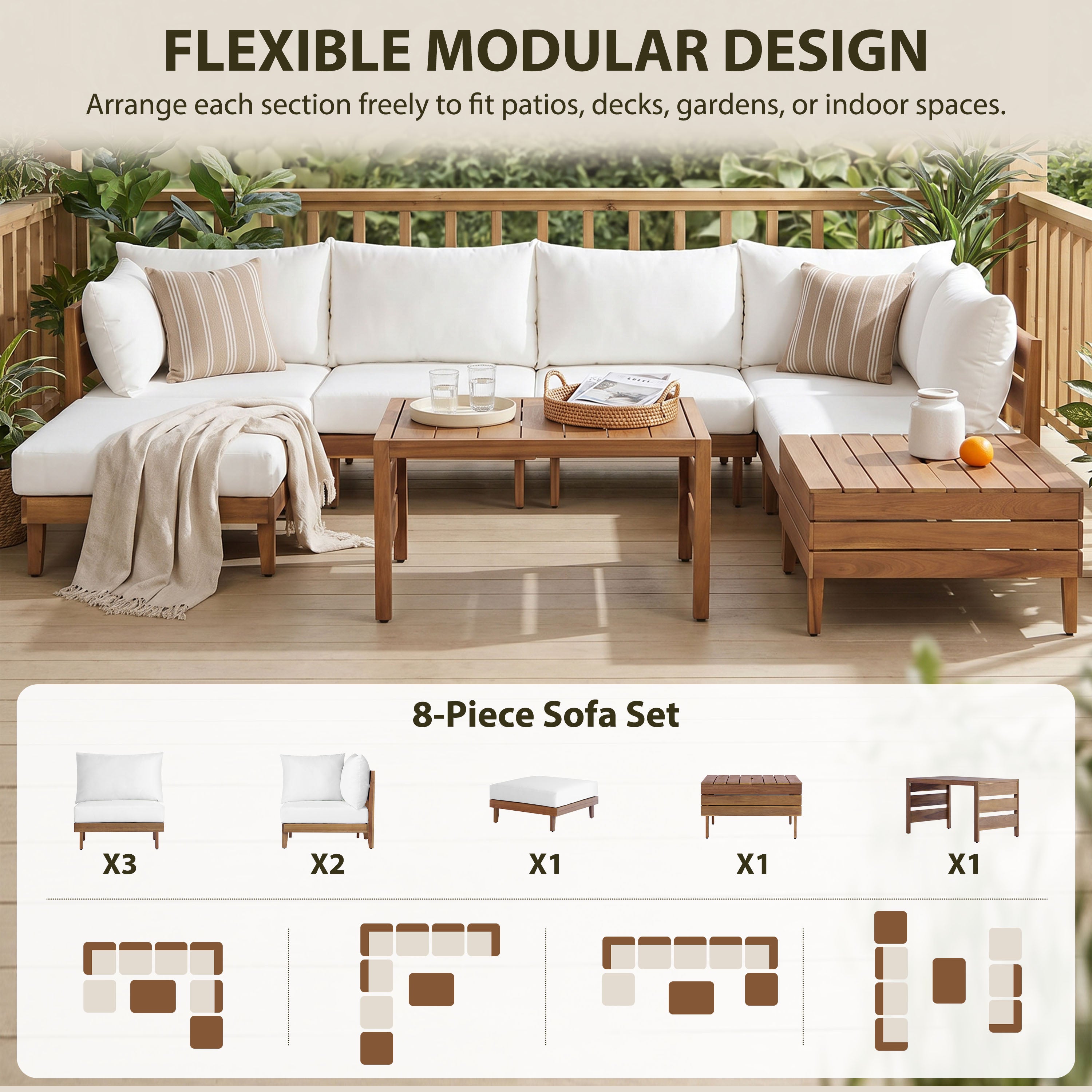 8-Piece Acacia Wood Outdoor Patio Sofa Set, Modular Sectional Furniture Set With Storage Tea Table, Coffee Table And Cushions