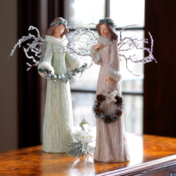 Holiday Angel Figurine with Branch Wings, Set of 2