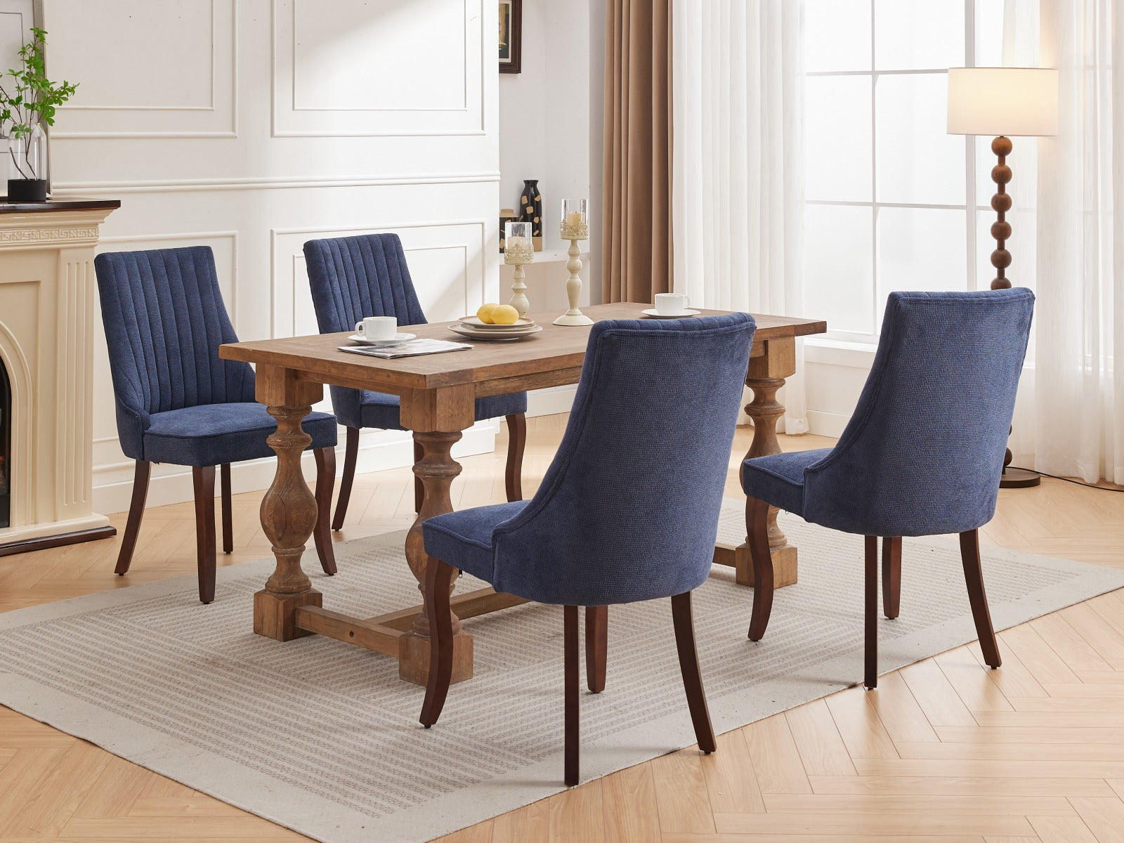 Rayon Cloth Flocking Linen Dining Chairs Channel Kitchen Dinner Chair Comfy Fabric Upholstered Accent Chair for Dining Room with Curved Solid Wood Legs,Set of 2 (Blue), SW1847BL