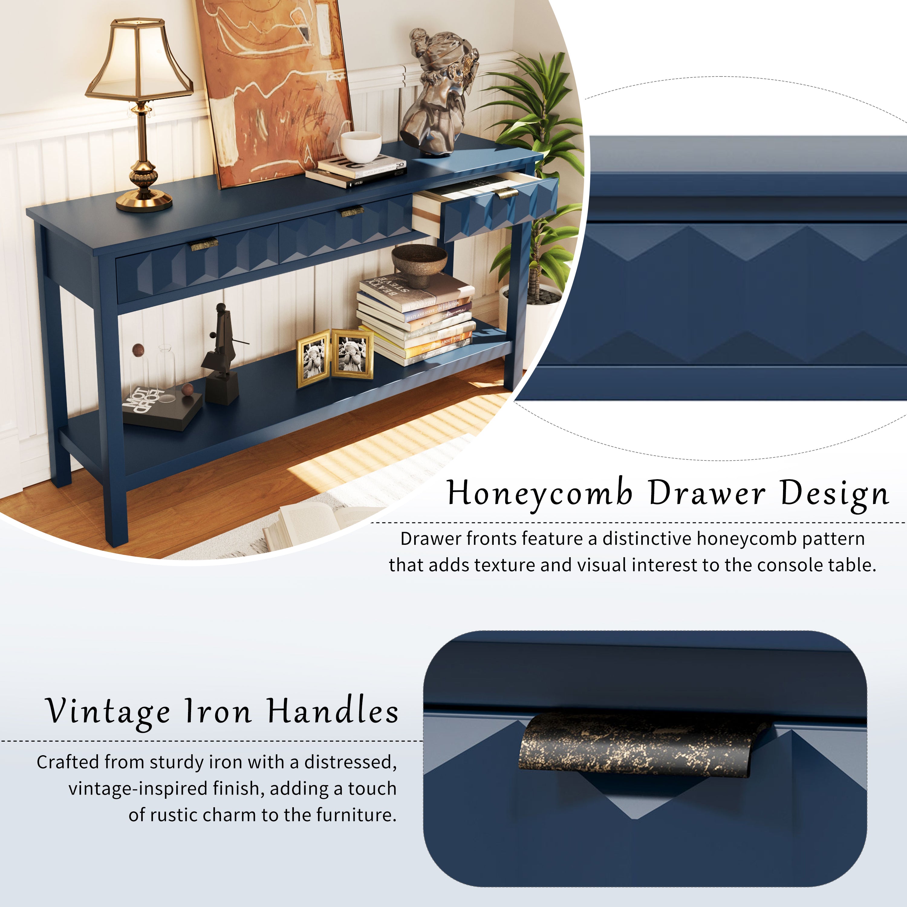 Honeycomb Pattern Console Table with 3 Drawers