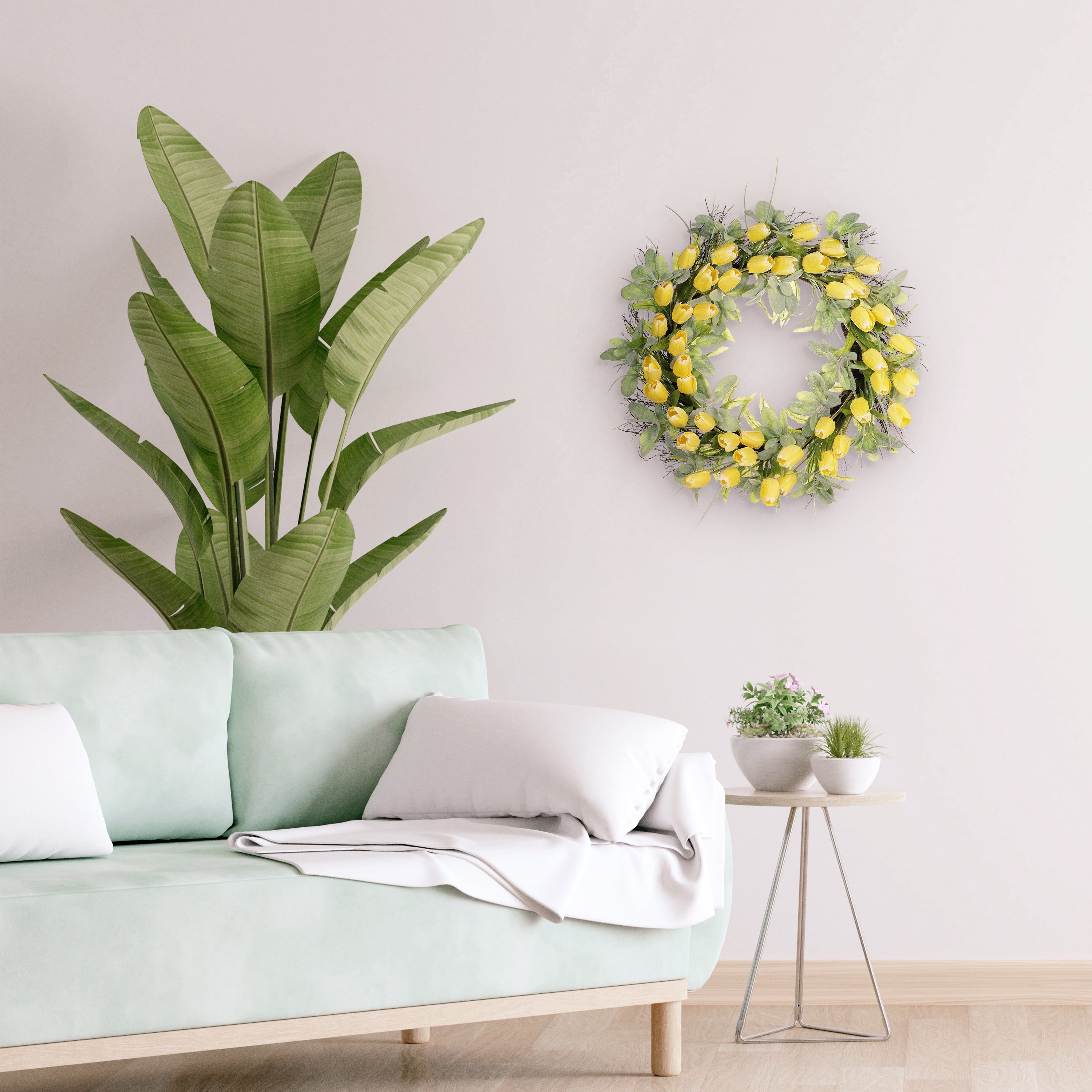 30" Artificial Tulip Floral Spring Wreath With Green Leaves