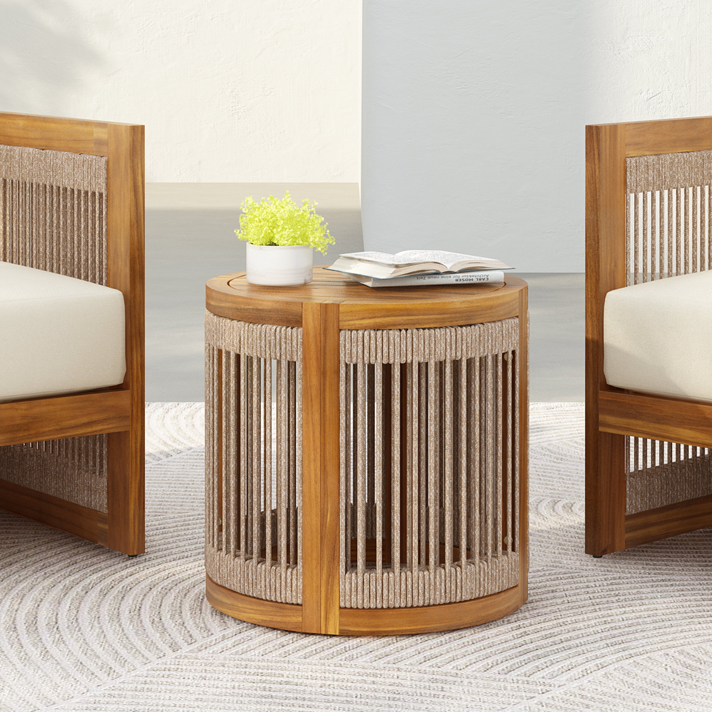 Sundara Acacia Wood Outdoor Side Table with Handwoven Rope Accents