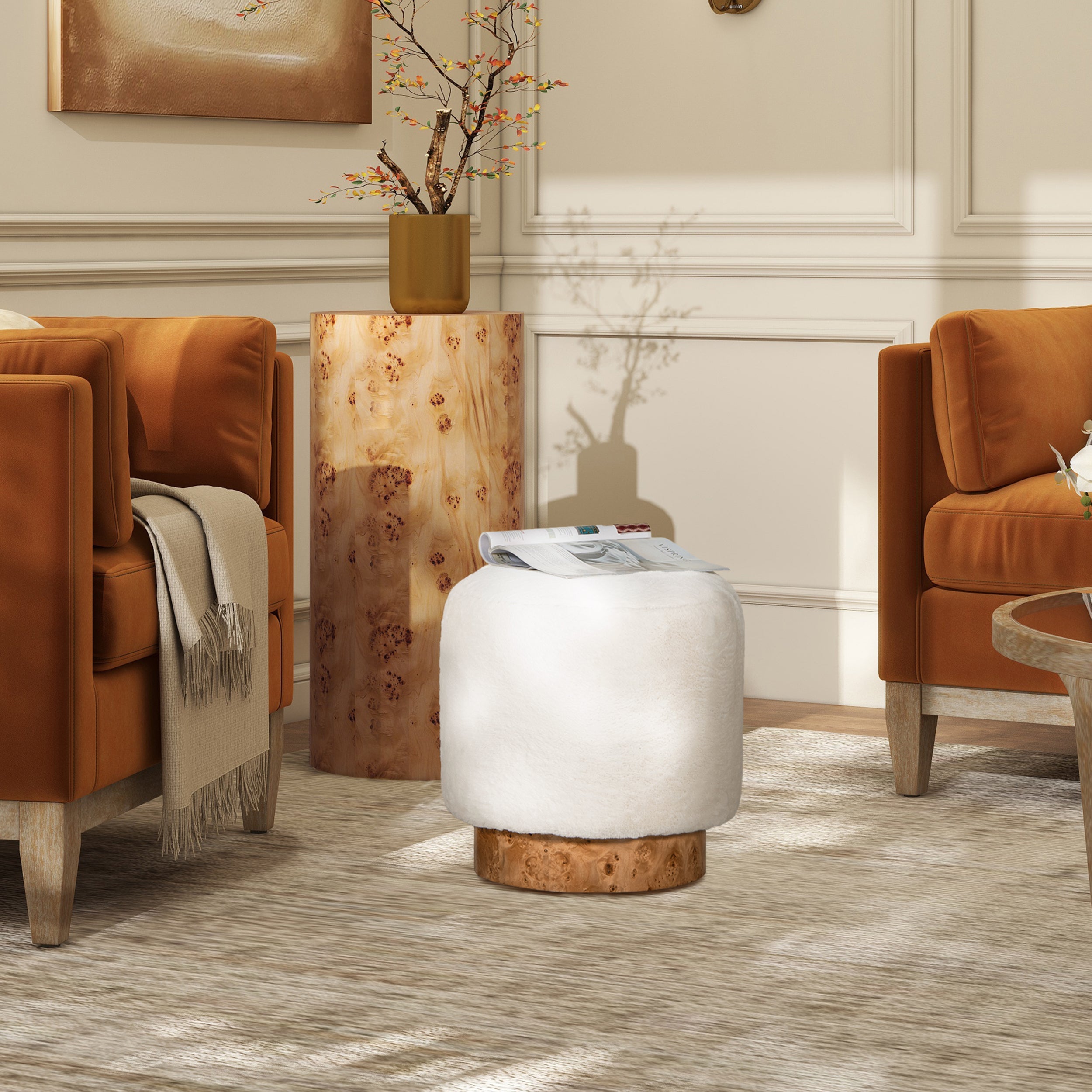 Upholstered Round Ottoman with Burl Wood Veneer Base