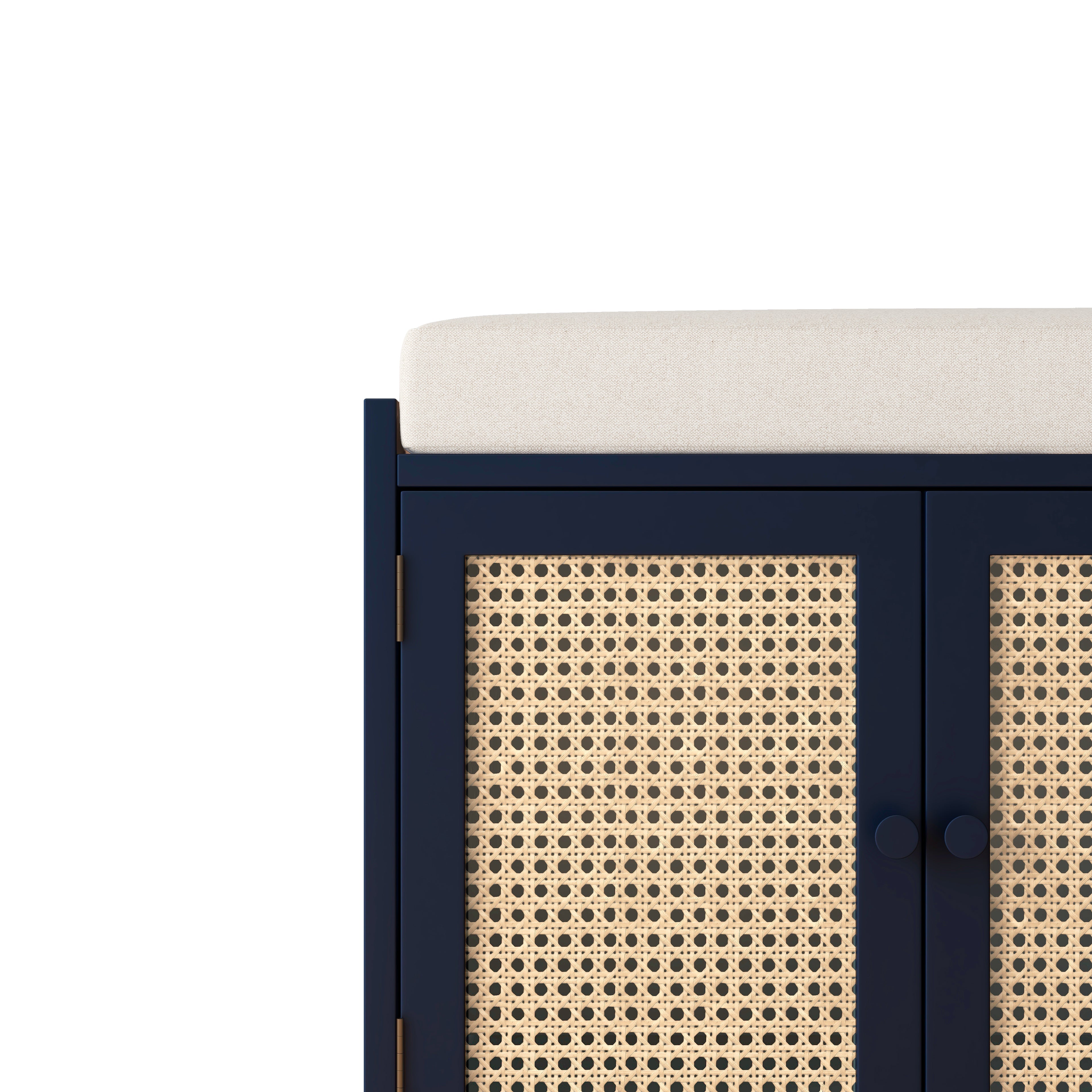 Upholstered Bench with Storage Cabinet and 4 Rattan Doors