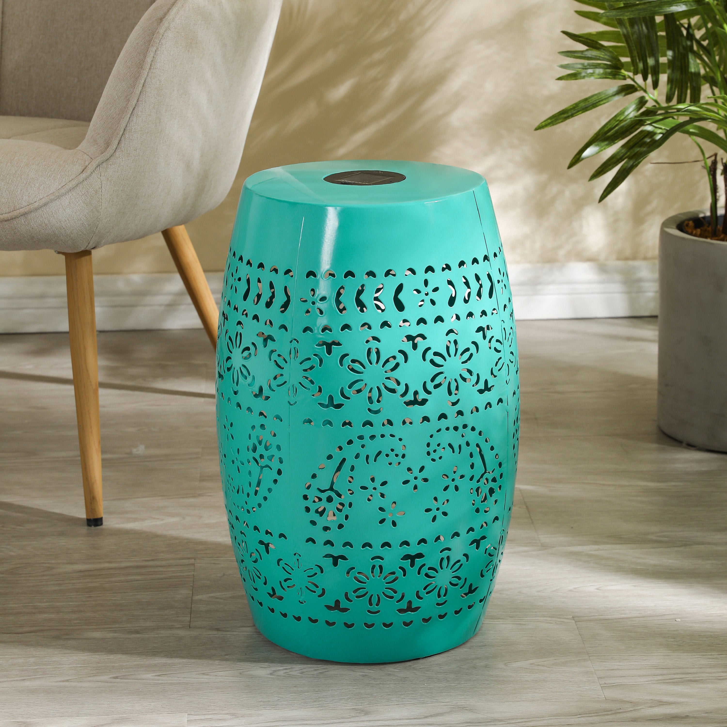 Sunhaven Punched Metal Solar Side Table with Built-in Solar Battery