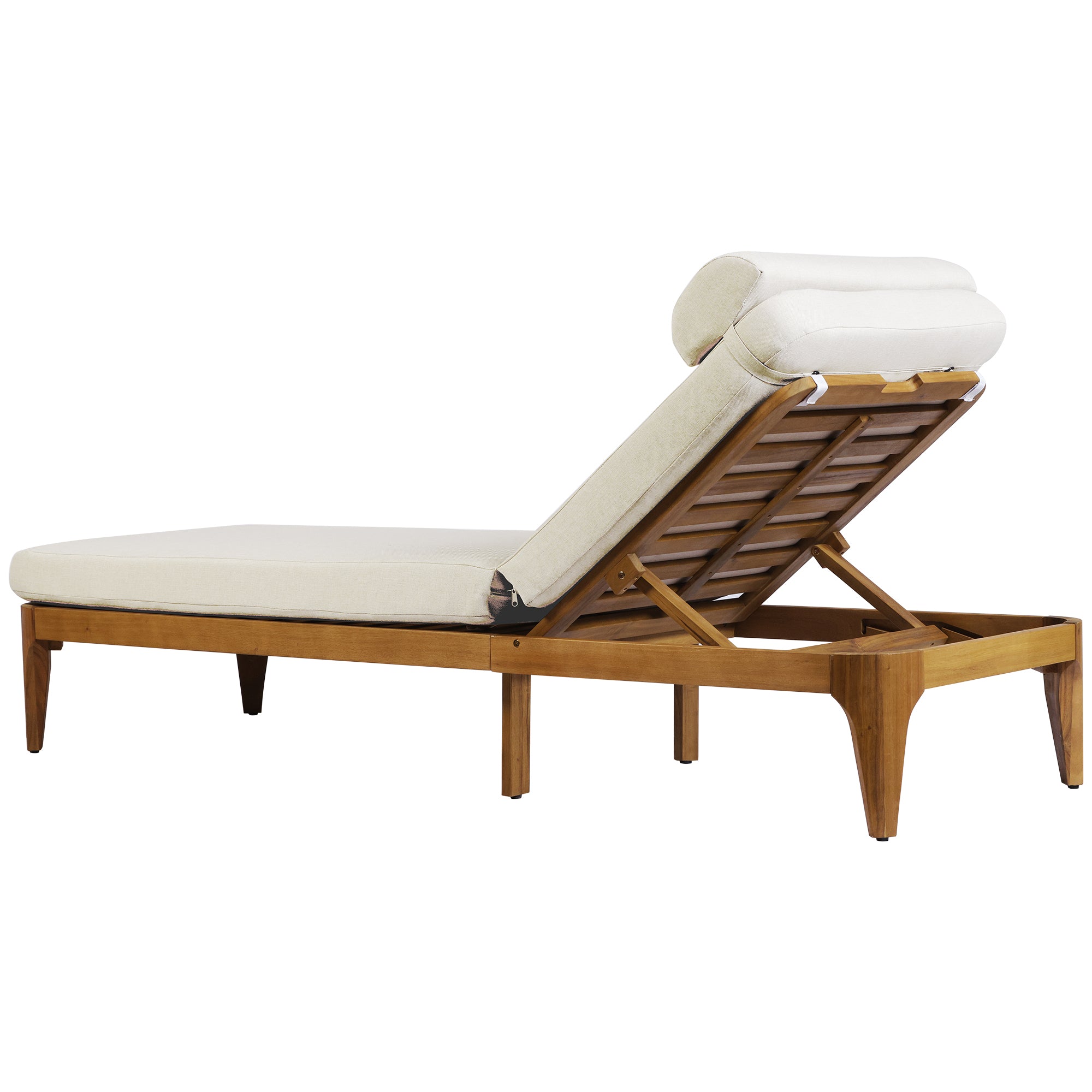 Outdoor Acacia Wood Sun Lounge Chair, Patio Recliner with Adjustable Backrest and Head Pillow