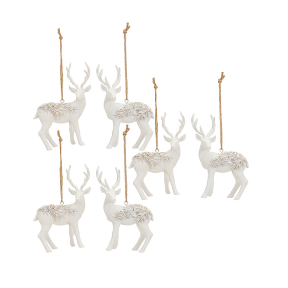 Modern-White-Deer-Ornament-with-Raised-Pine-Design-(set-of-6)-White-Ornaments
