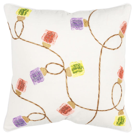 Screen Print And Applique 100% Cotton Duck String Of Lights Poly Filled Decorative Throw Pillow