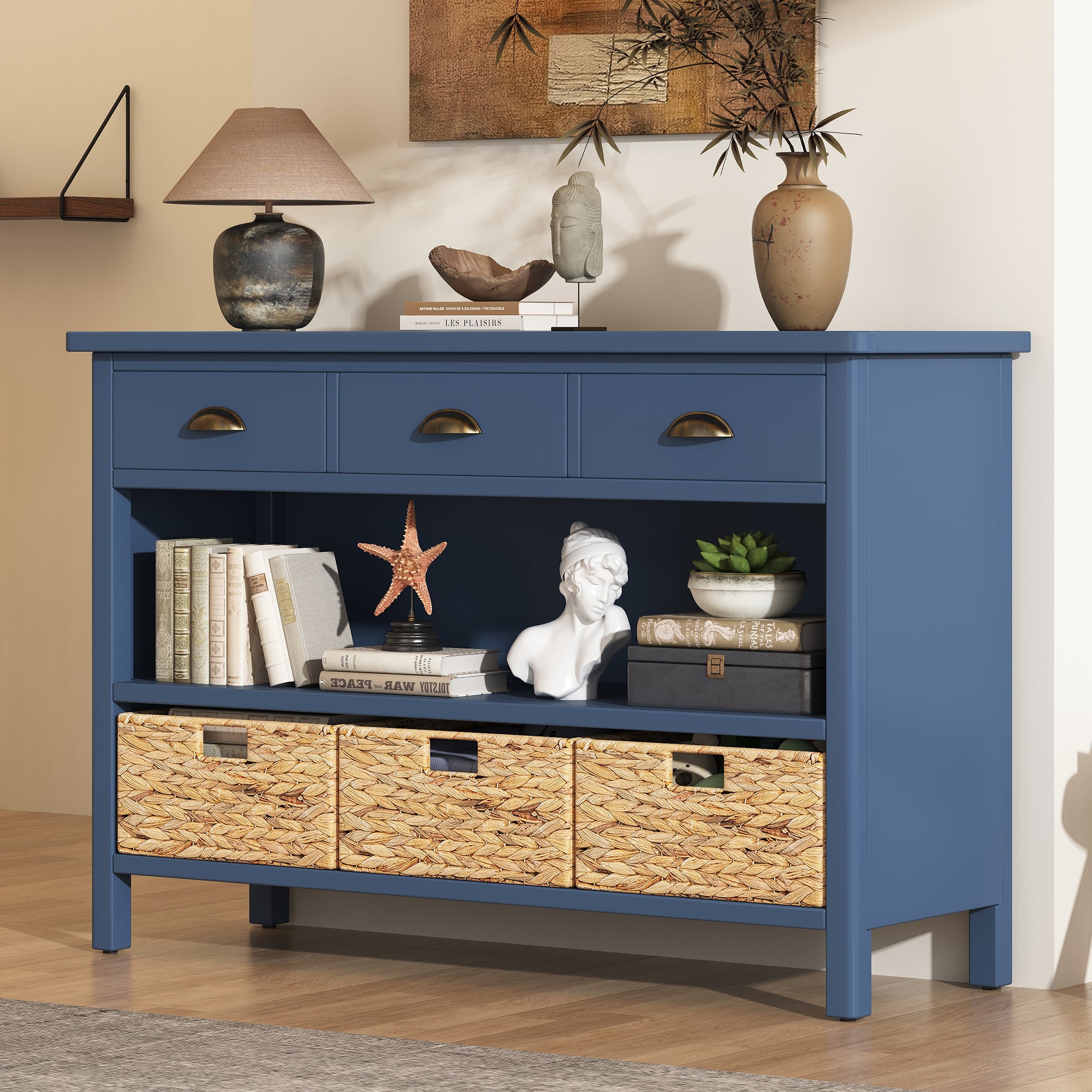 Console Table with Drawers and Water Hyacinth Woven Baskets