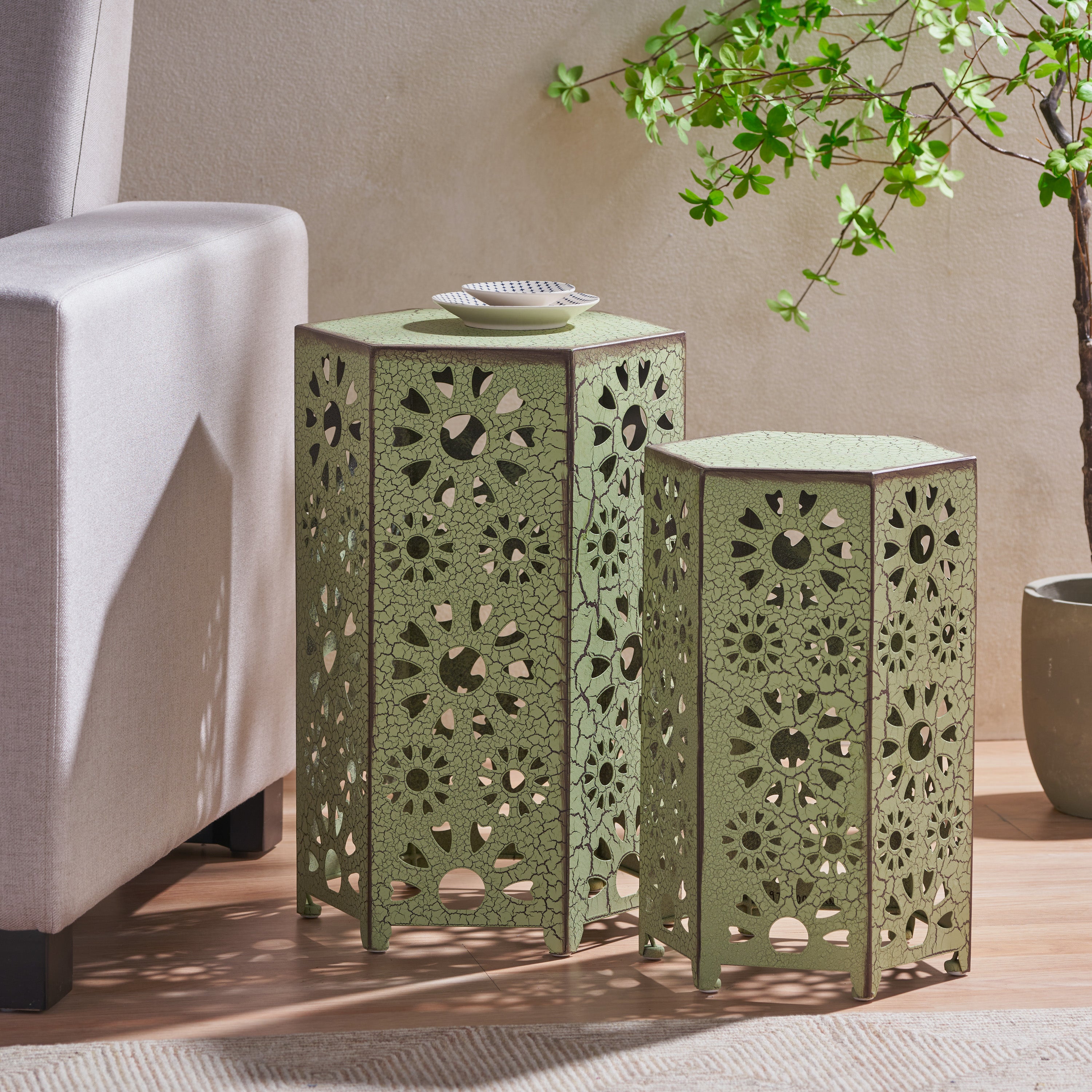 Eliana Iron Outdoor Side Table Set with Sunburst Cut Out