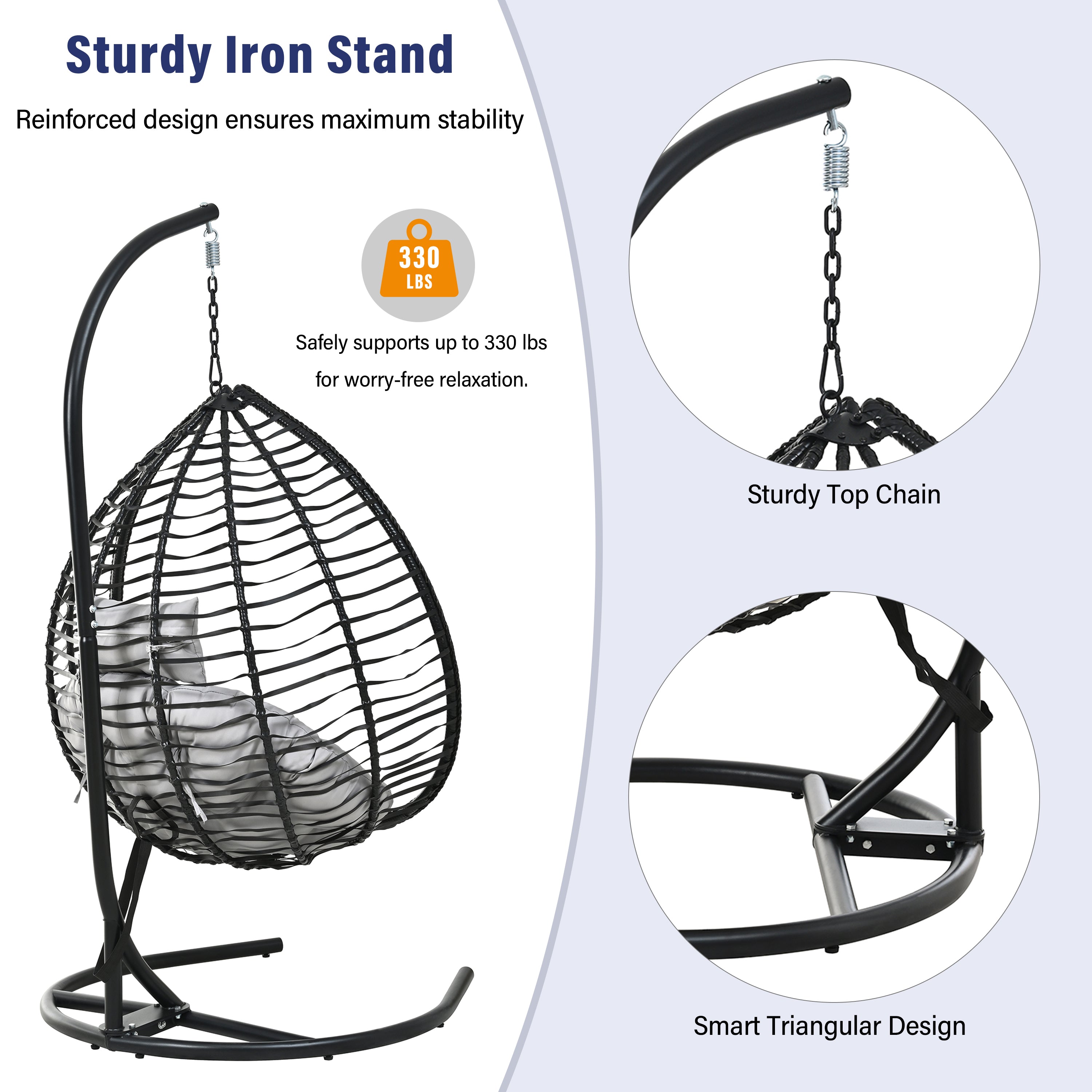 Foldable Rattan Egg Swing Chair with Iron Frame, Plush Cushion & Removable Headrest