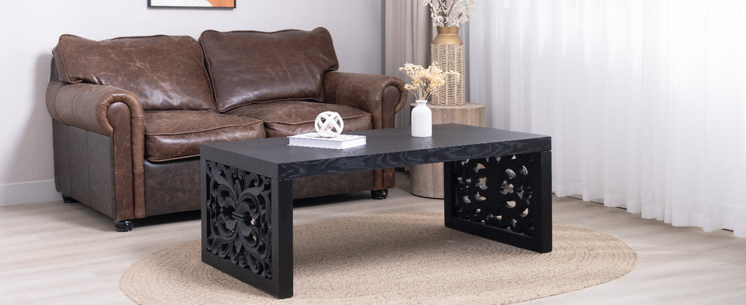 Handcrafted Rustic Wood Coffee Table with Ornate Side Panels