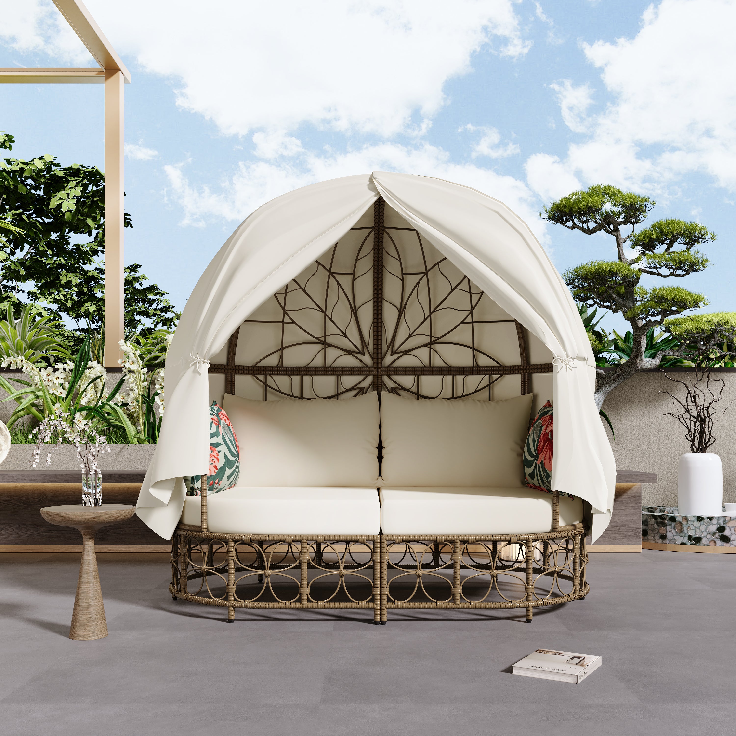 Outdoor Daybed with Curtain and Floral Pattern