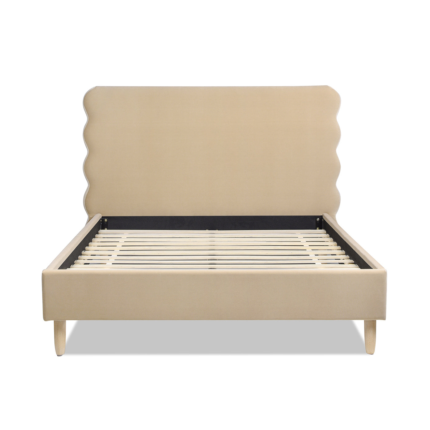 Essencee Upholstered Platform Bed with Wavy Headboard and Wood Legs