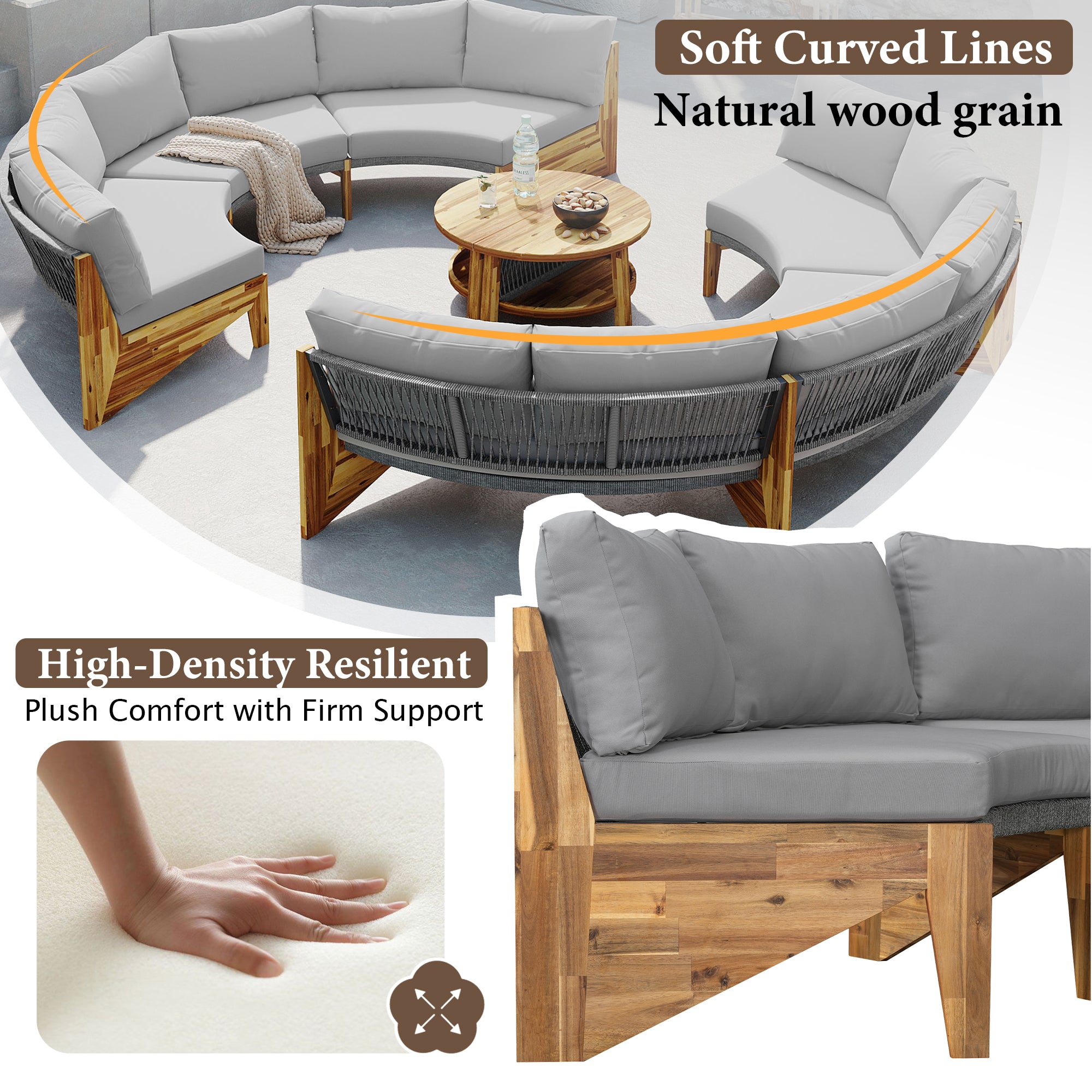 U_Style 3-Piece Outdoor Sofa Set for 6, 2 Semi-Circle Sofas + Acacia Wood Coffee Table, Weather-Resistant Patio Couch Set, Comfortable Garden & Backyard Furniture(old sku:WY000428AAA)