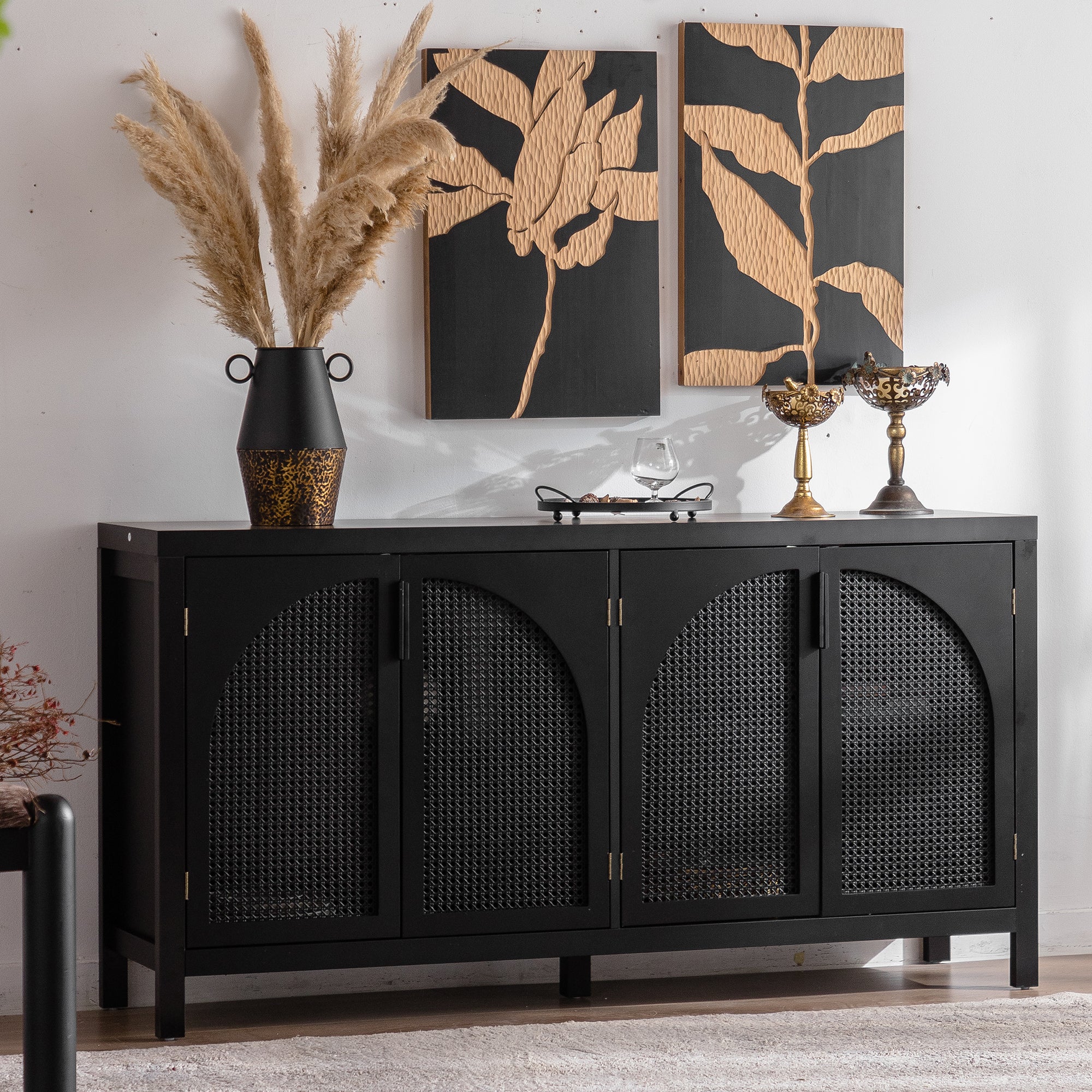 Black Sideboard Storage Cabinet with Rattan Doors