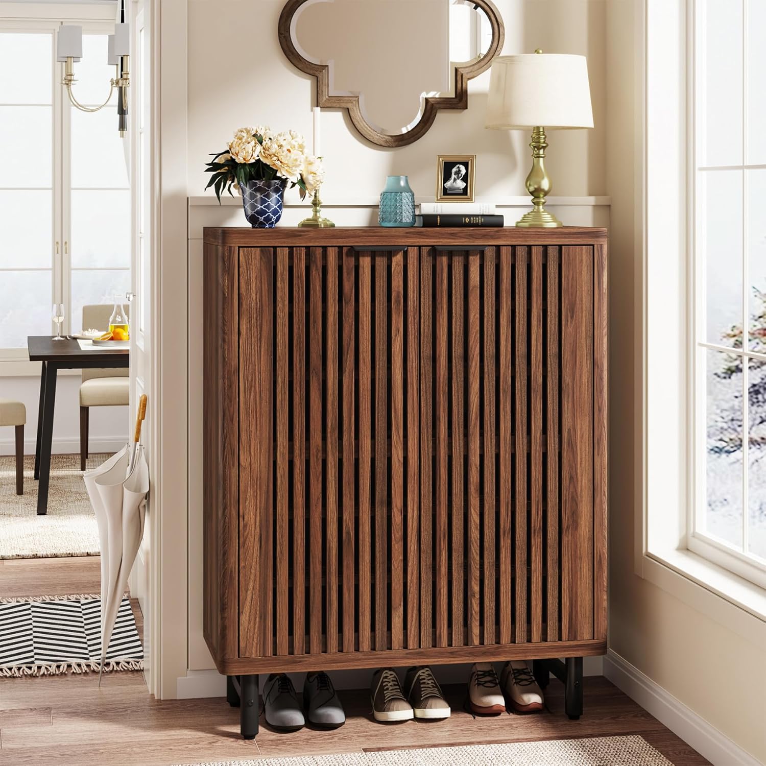 Modern Black Wooden 6-Tier Shoe Cabinet with Louvered Doors