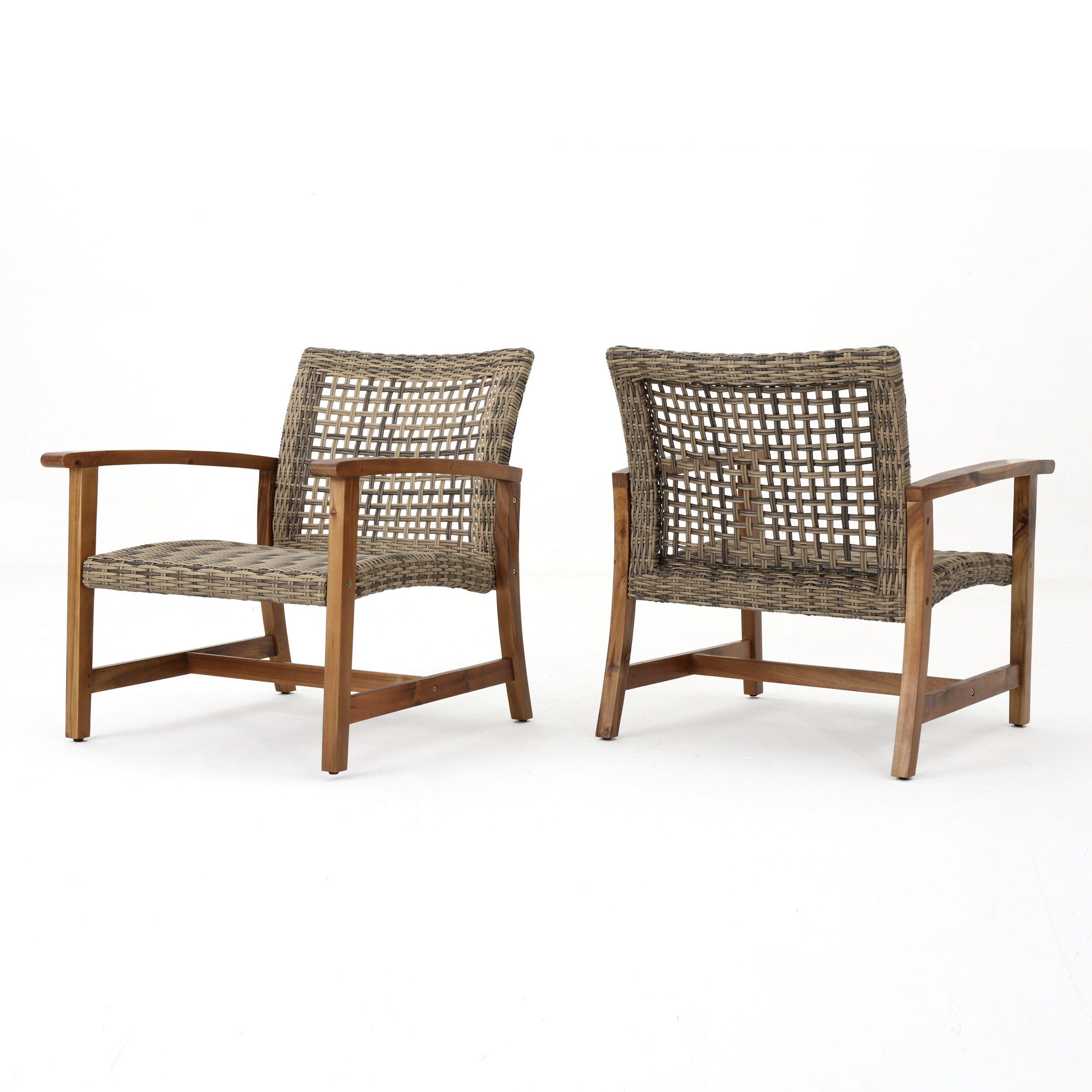 Hampton Outdoor Rattan & Acacia Wood Wicker Club Chairs, Set of 2